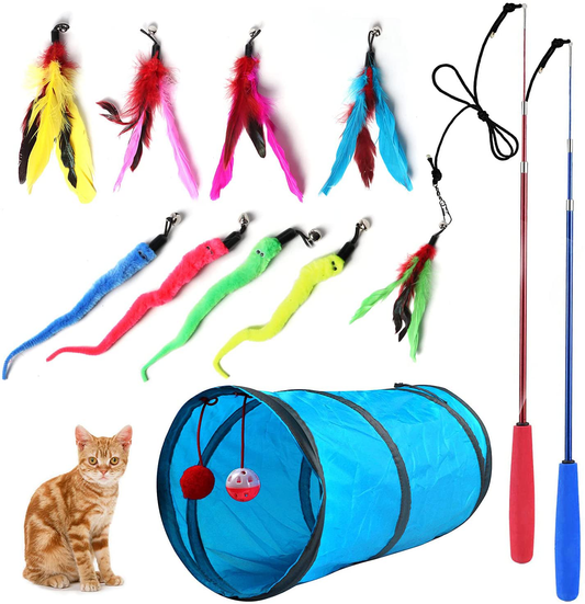 M JJYPET Retractable Cat Toy Wand, 12 Packs Interactive Cat Feather Toys, 9 Assorted Teaser Refills with Bell for Cat Kitten