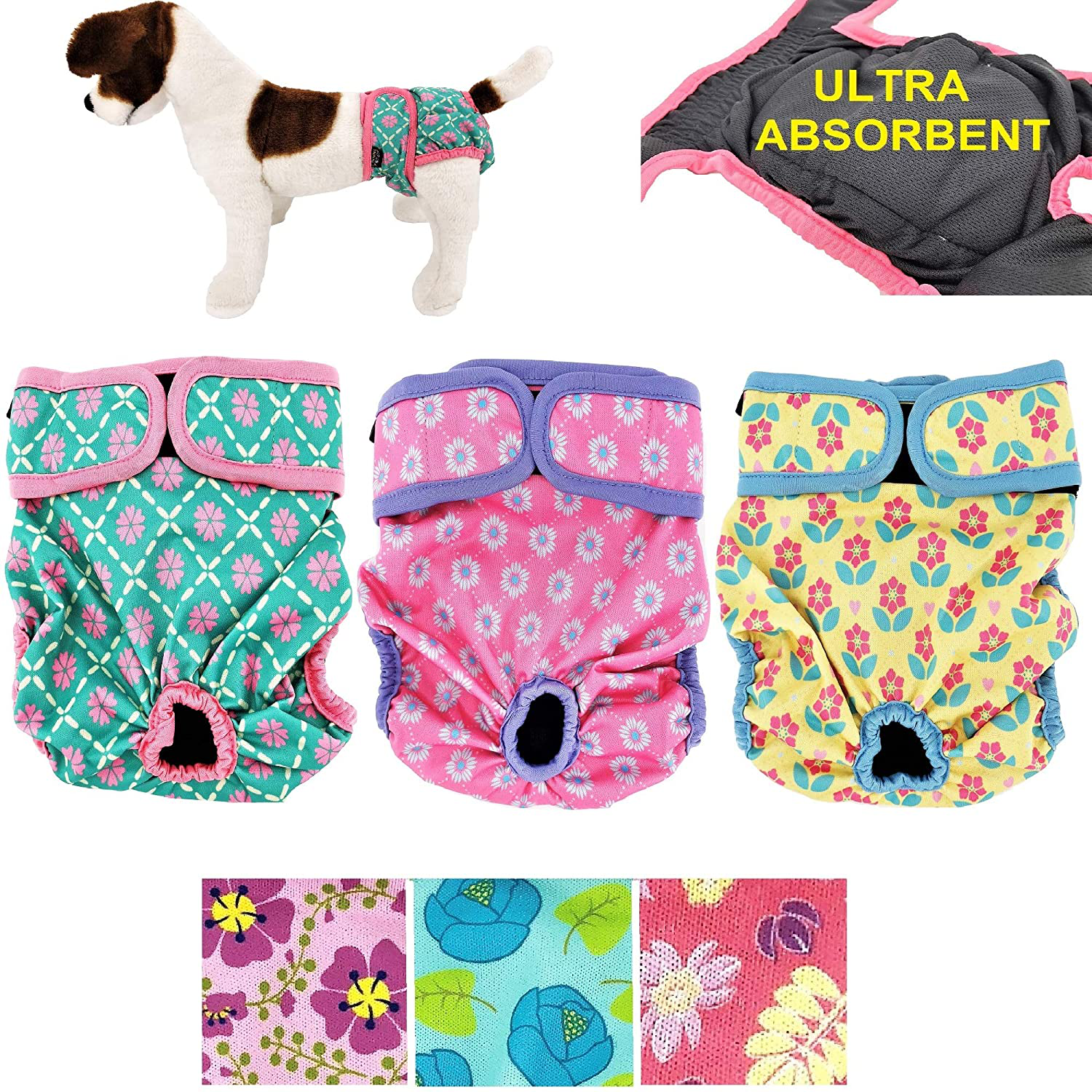 Pack of 3 or 6 Female Dog Diapers with 4 - Layers of Absorbent Pads Cat Panties Waterproof Leak Proof Washable Animals & Pet Supplies > Pet Supplies > Dog Supplies > Dog Diaper Pads & Liners FUNNYDOGCLOTHES Pack of 3 Neon Pattern S: Waist 12" - 16" 