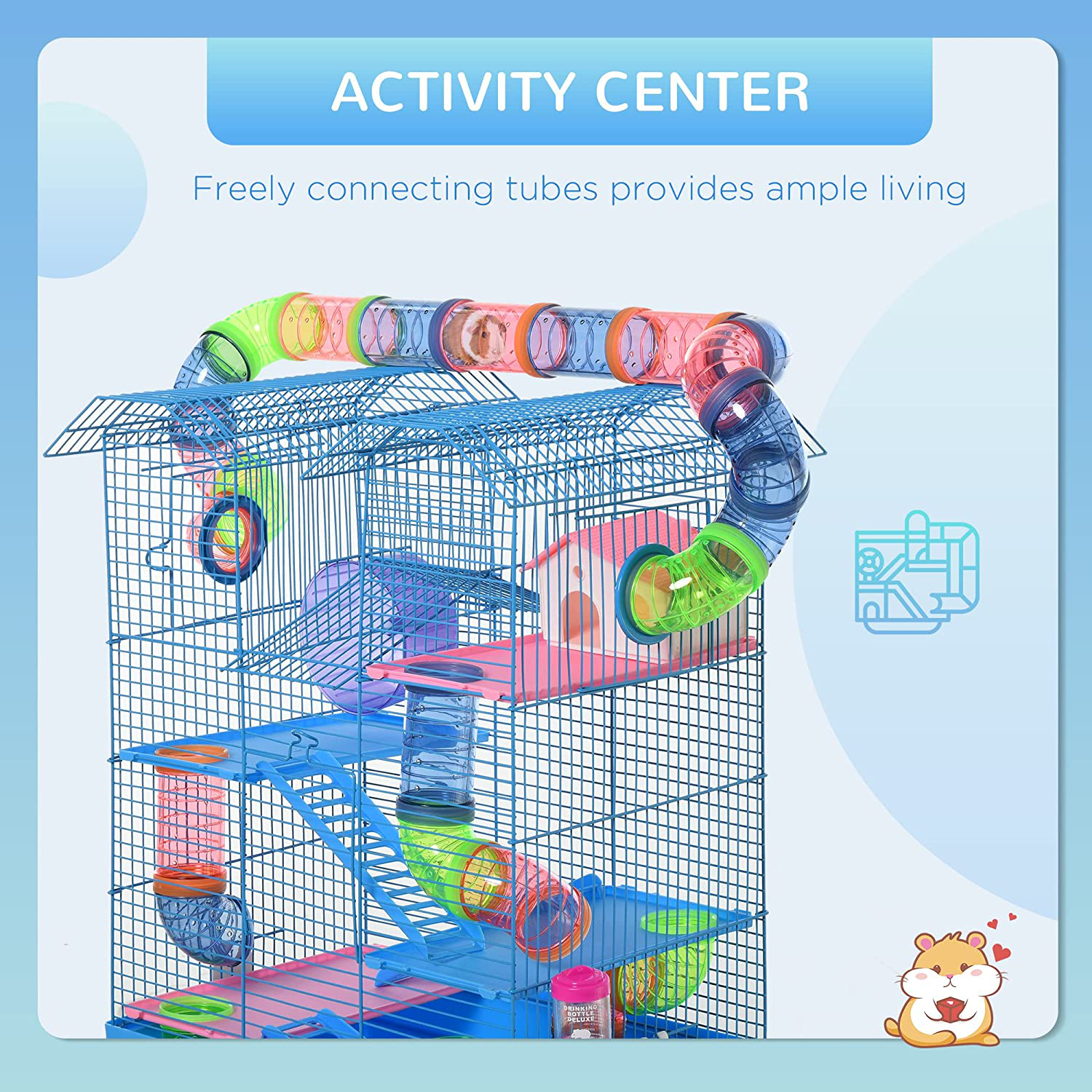 Pawhut 5 Tiers Hamster Cage Small Animal Rat House with Exercise Wheels, Tube Water Bottles, and Ladder, Blue Animals & Pet Supplies > Pet Supplies > Small Animal Supplies > Small Animal Habitat Accessories Aosom LLC   