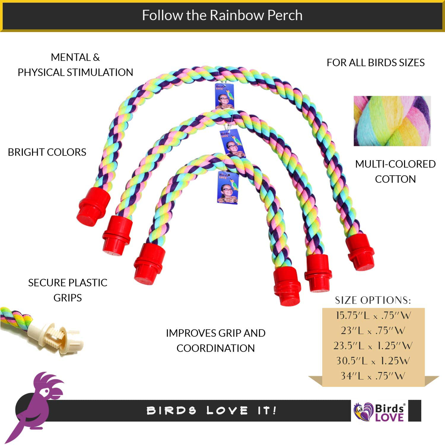 Birds LOVE Cotton Rope Comfy Cable Perches for Bird Cages - Choose the Right Size for Your Bird Animals & Pet Supplies > Pet Supplies > Bird Supplies > Bird Gyms & Playstands Birds LOVE   