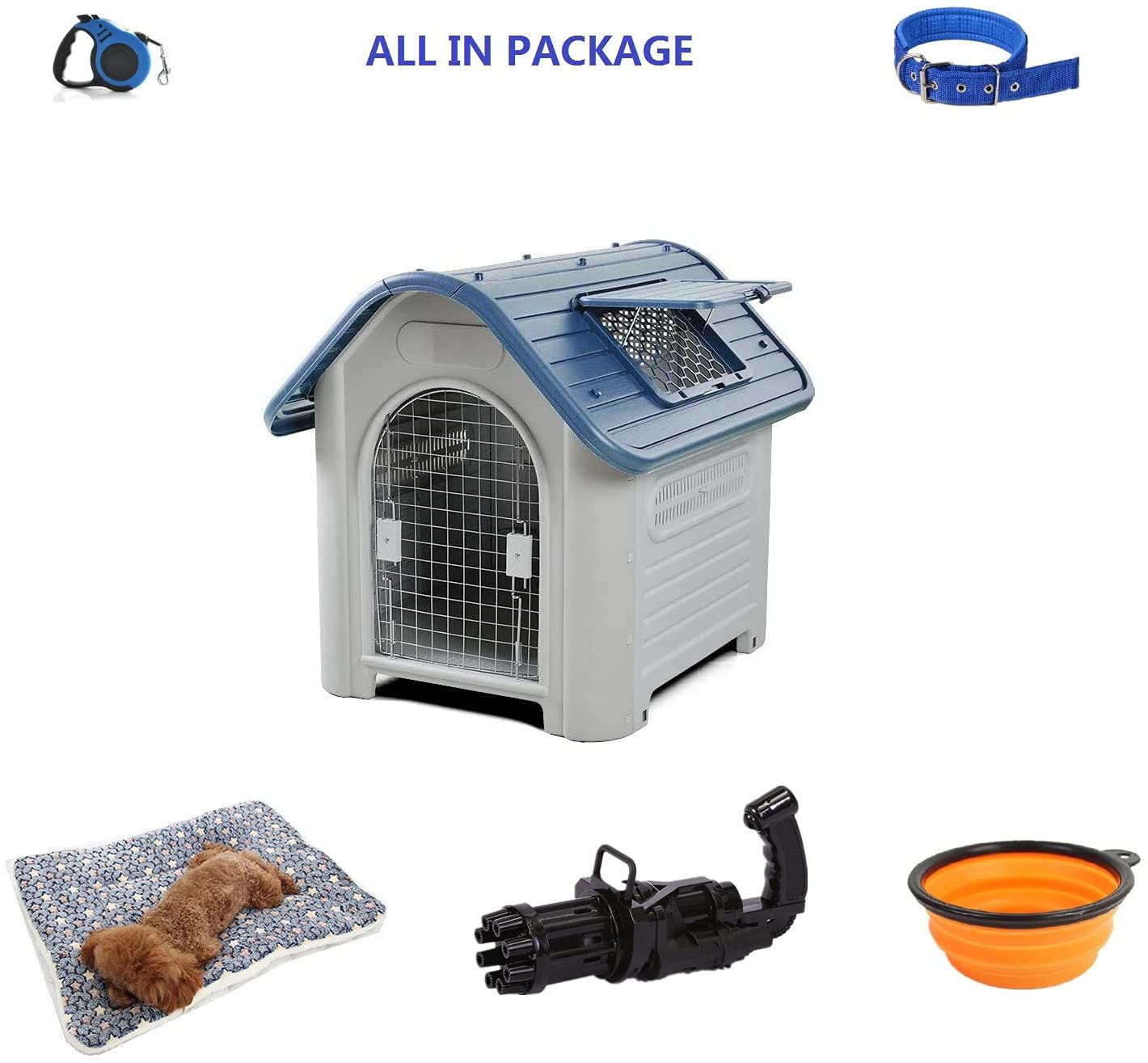 NC Pet Dog Large House Durable Waterproof Plastic Indoor Outdoor Puppy Shelter Kennel Detachable Design with Air Vents and Elevated Floor (Large, Blue)