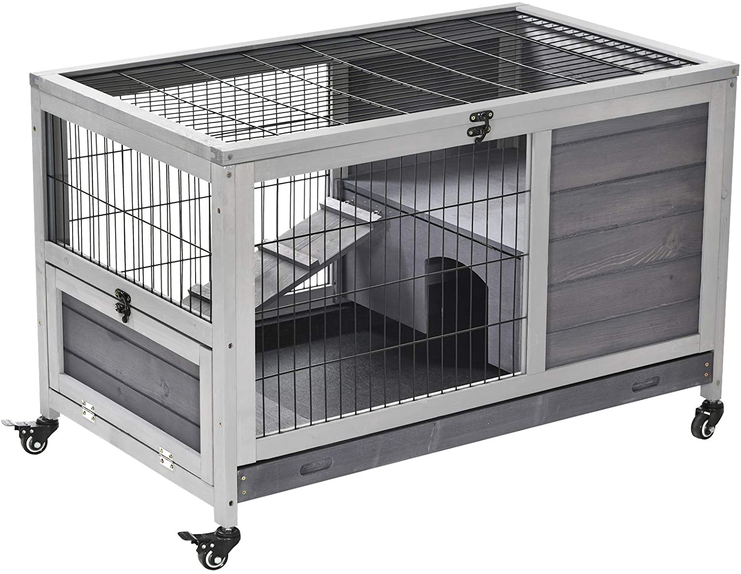 Pawhut Wooden Indoor Rabbit Hutch Elevated Cage Habitat with Enclosed Run with Wheels, Ideal for Rabbits and Guinea Pigs Animals & Pet Supplies > Pet Supplies > Small Animal Supplies > Small Animal Habitats & Cages PawHut   