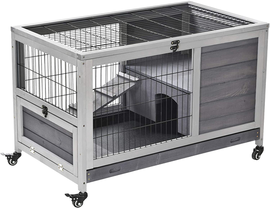 Pawhut Wooden Indoor Rabbit Hutch Elevated Cage Habitat with Enclosed Run with Wheels, Ideal for Rabbits and Guinea Pigs Animals & Pet Supplies > Pet Supplies > Small Animal Supplies > Small Animal Habitats & Cages PawHut   