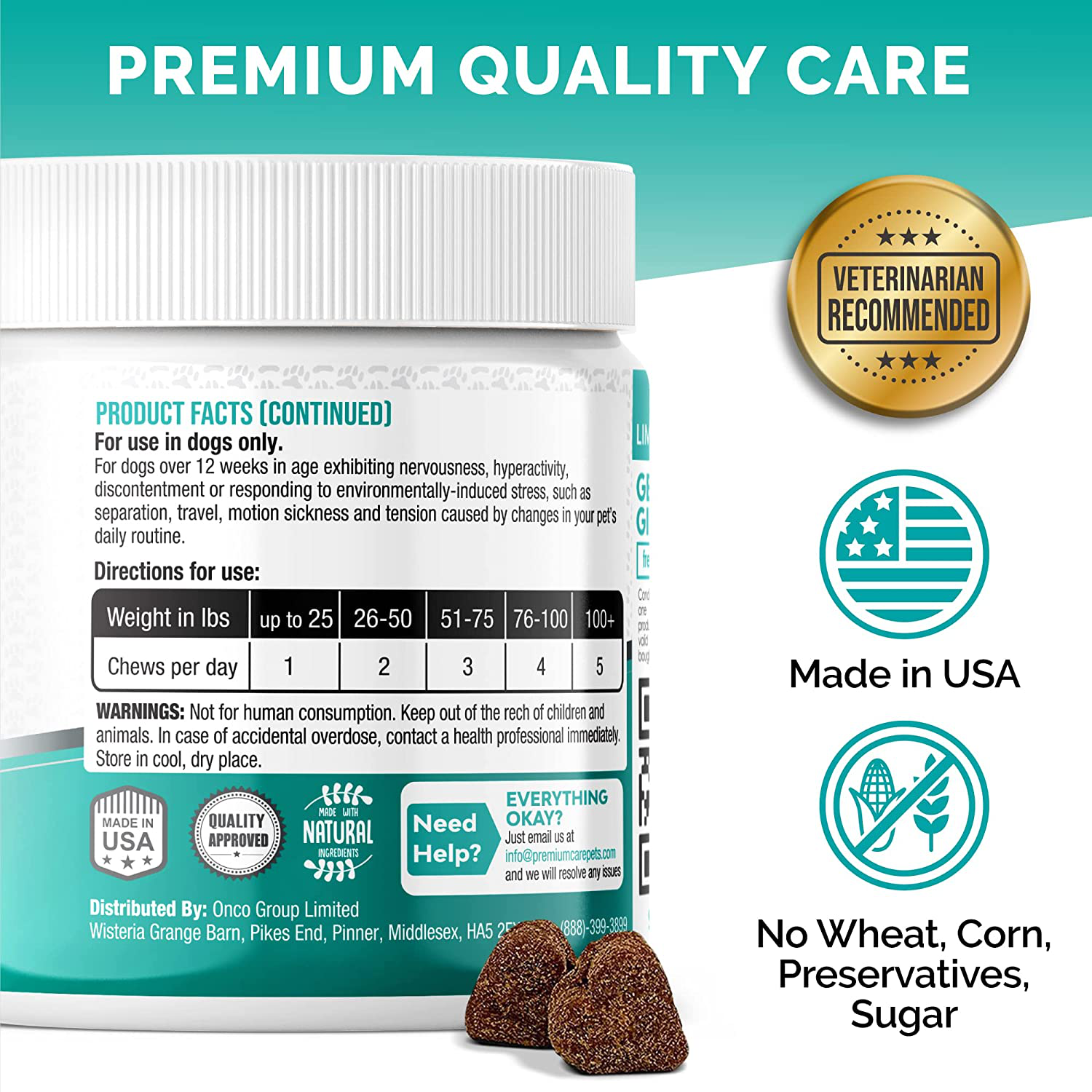 PREMIUM CARE Calming Chews for Dogs - Made in USA - Helps with Dog Anxiety, Separation, Barking, Stress Relief, Thunderstorms and More - Natural Calming Relaxer for Aggressive Behavior - 120 Treats Animals & Pet Supplies > Pet Supplies > Small Animal Supplies > Small Animal Treats PREMIUM CARE   