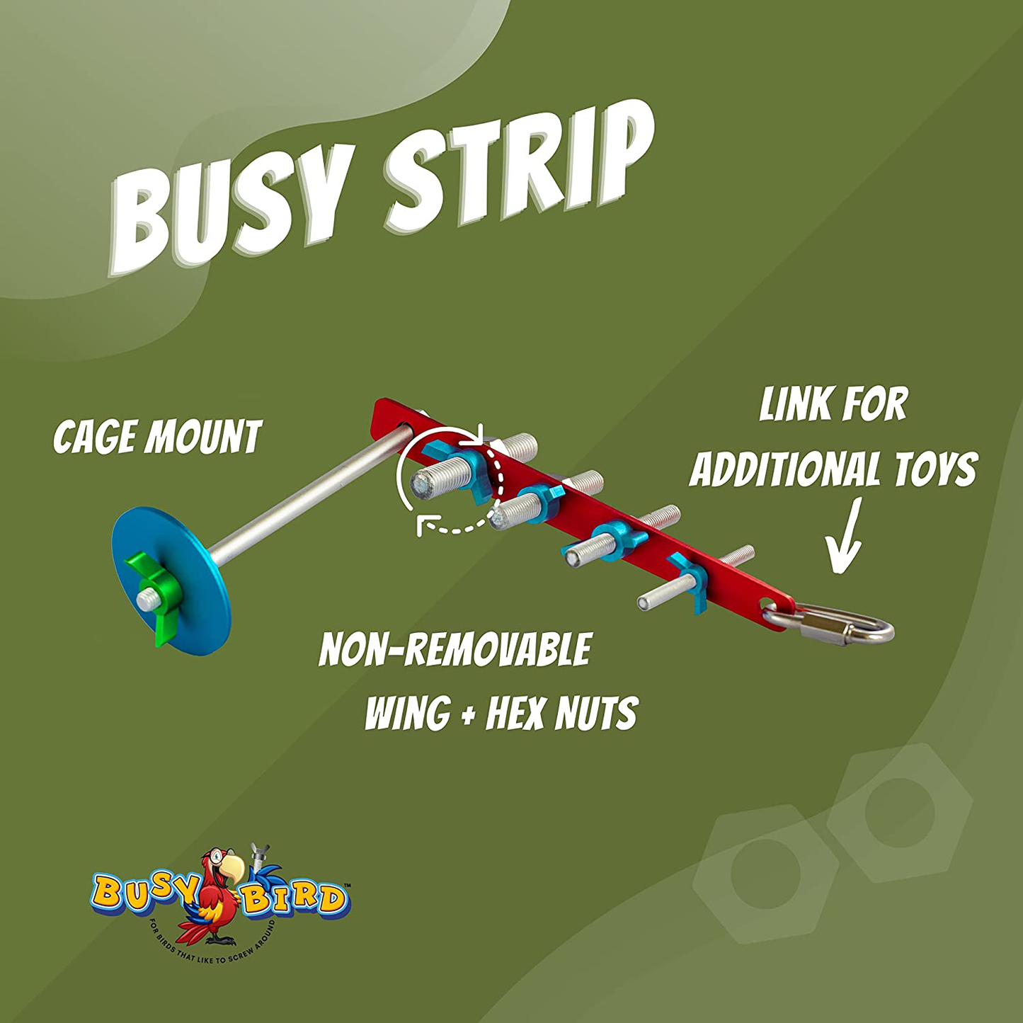 Busy Bird | Strip Foraging Bird Toy - Non-Removable Wing Nuts, Hex Nuts and Quick Link for Additional Toys - 100% Metal, Ultimate Brain Teaser and Mind Game for Medium to Extra Large Birds Animals & Pet Supplies > Pet Supplies > Bird Supplies > Bird Toys Busy bird for birds that like to screw around   