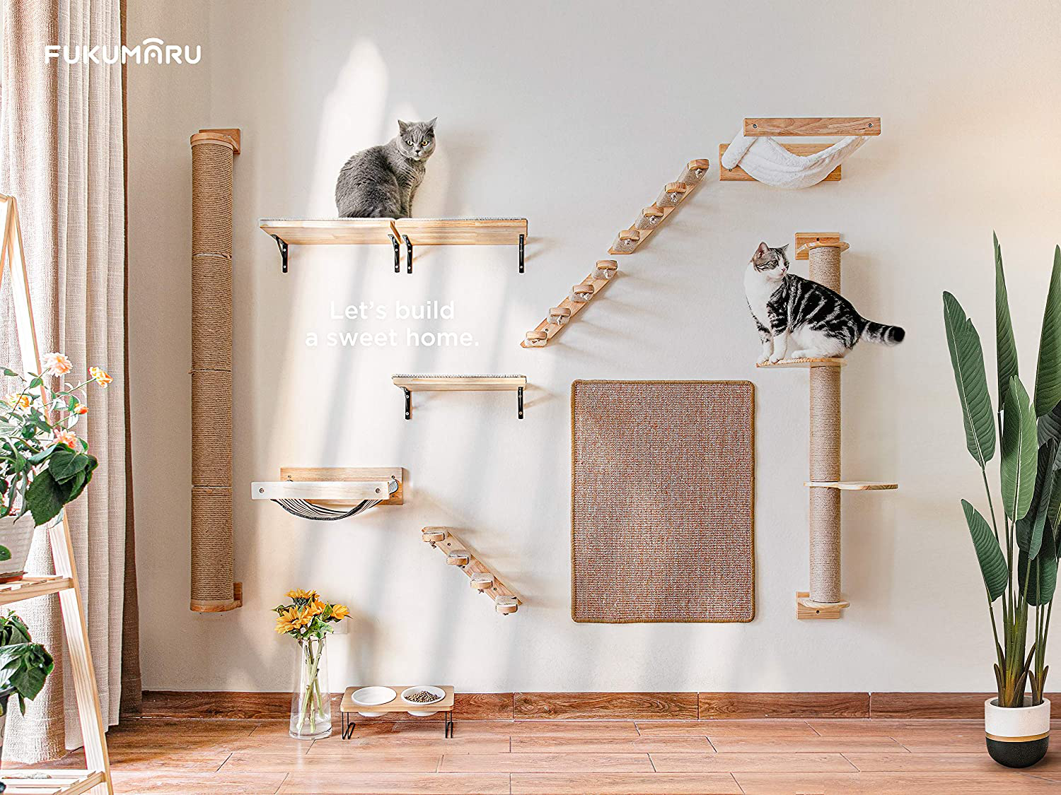 FUKUMARU Cat Climbing Shelf Wall Mounted, Four Step Cat Stairway with Jute Scratching for Cats Perch Platform Supplies