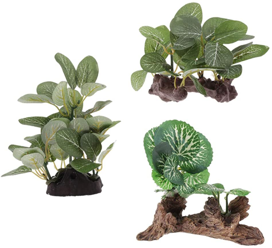 Joymerit 3 Pcs Plastic Leaf Plants for Freshwater or Marine Tanks, Ultra-Realistic Fake Plant, Resin Base, Hiding Spot for Fish, Reptiles, Amphibians