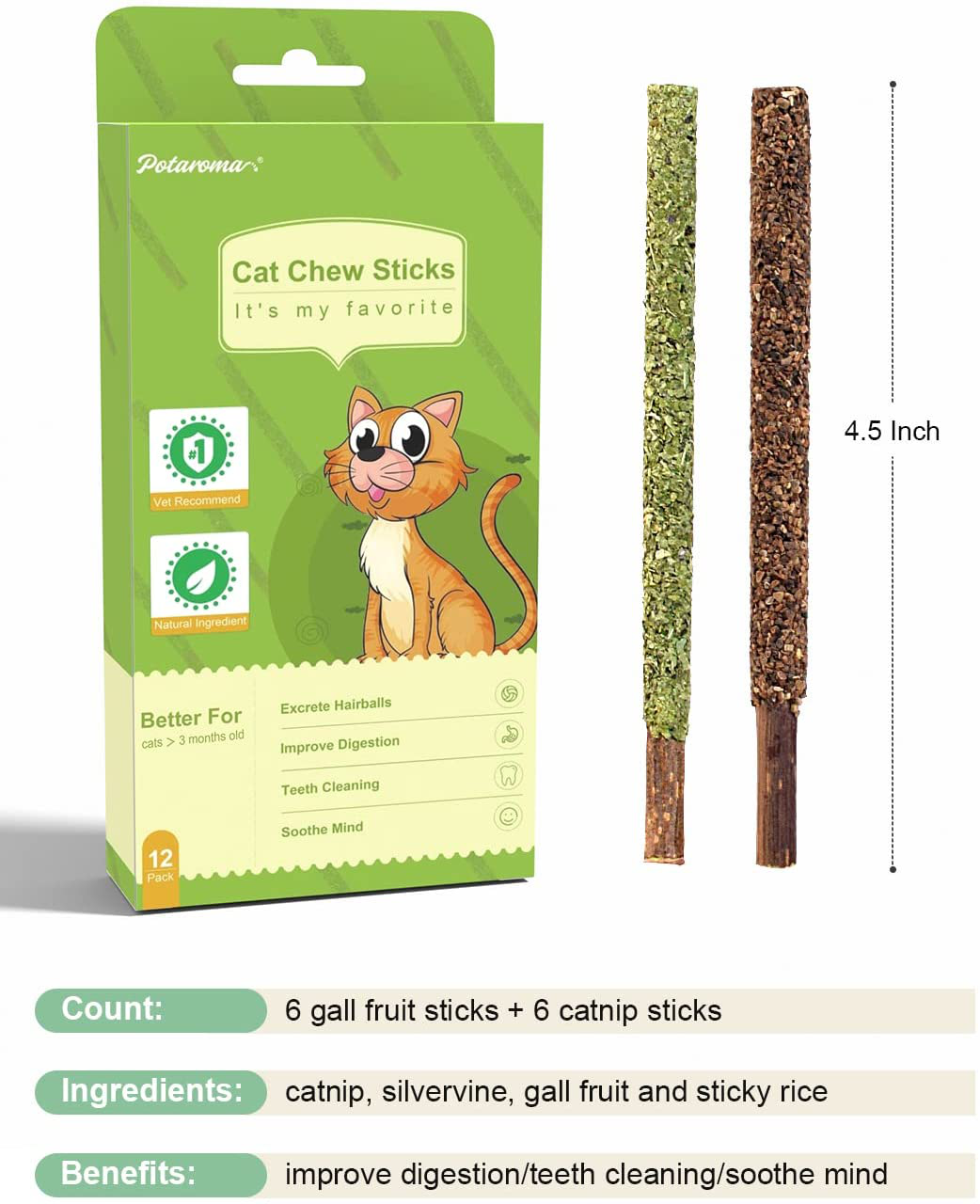 Potaroma 12Pcs Natural Silvervine Sticks Catnip Sticks, Catmint Silvervine Blend, Cat Chew Toys for Kittens Teeth Cleaning, Matatabi Dental Care Cat Treat Toys, Edible Kitty Toys for Cats Lick Animals & Pet Supplies > Pet Supplies > Cat Supplies > Cat Treats Potaroma   