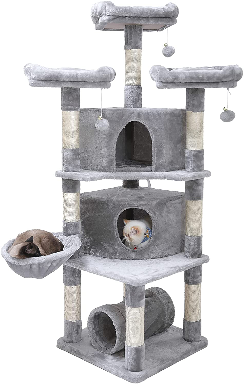 Hey-Brother 65" Extra Large Multi-Level Cat Tree Condo Furniture with Sisal-Covered Scratching Posts, 2 Bigger Plush Condos, Perch Hammock for Kittens, Cats and Pets Animals & Pet Supplies > Pet Supplies > Cat Supplies > Cat Furniture Hey-brother Light Gray  