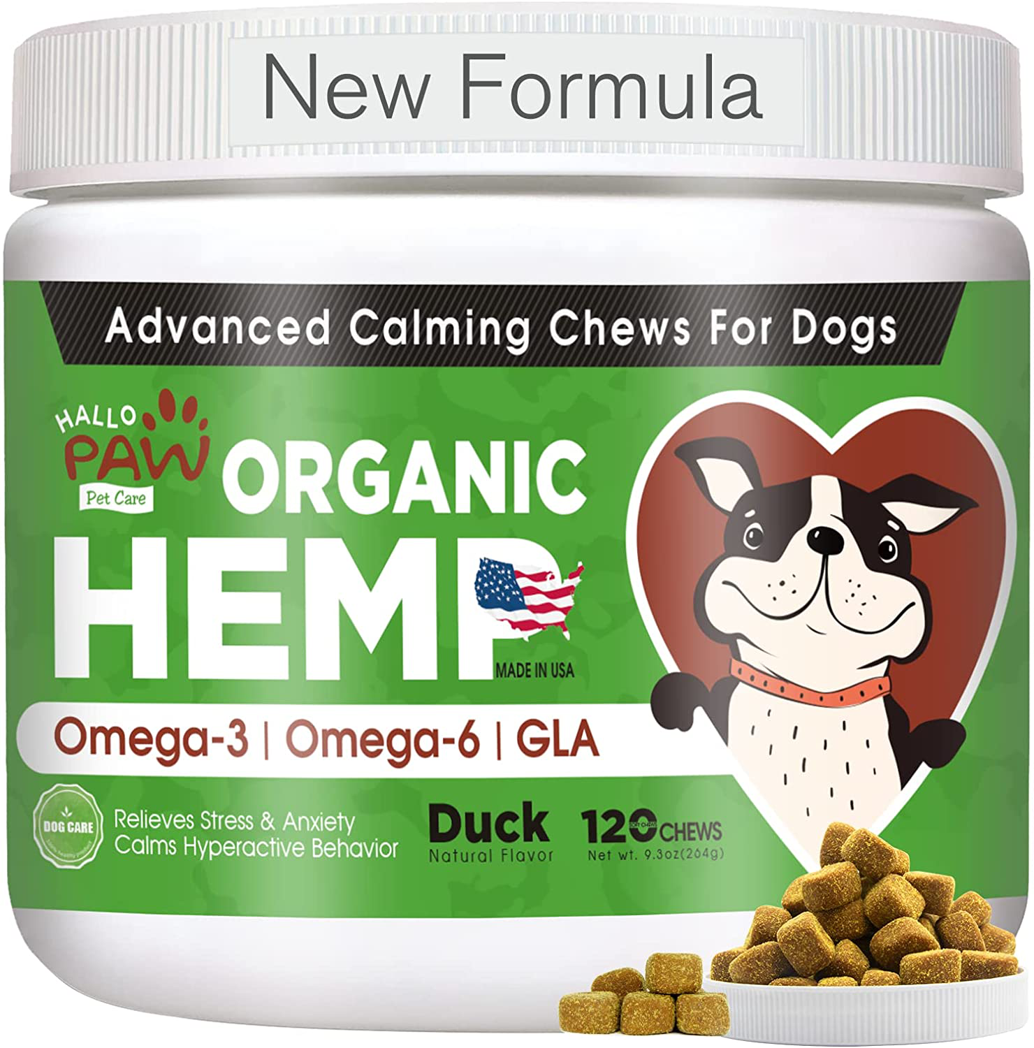 Hallo Paw Organic Calming Dog Treats-Organic Hemp Oil-120 Soft Chews-Made in Usa-Dog Anxiety Relief-Natural Calming-Help Keep Your Dog Calm with Thunder, Barking &Aggressive Behavior Animals & Pet Supplies > Pet Supplies > Small Animal Supplies > Small Animal Treats Hallo Paw duck  