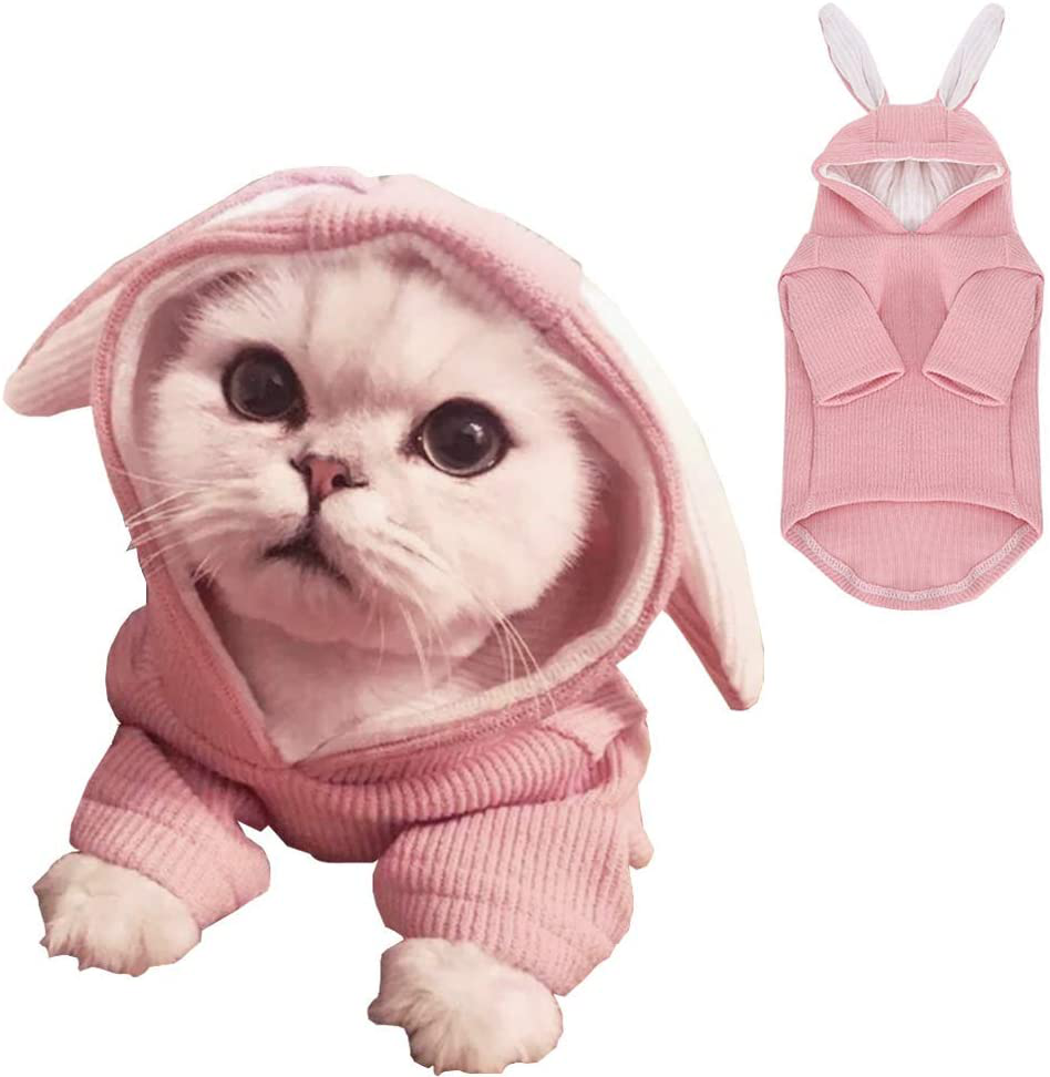 ANIAC Pet Hoodie Cat Rabbit Outfit with Bunny Ears Cute Sweatshirt Spring and Autumn Puppy Knitted Sweater Kitty Soft Knitwear Animals & Pet Supplies > Pet Supplies > Cat Supplies > Cat Apparel ANIAC Pink X-Small 