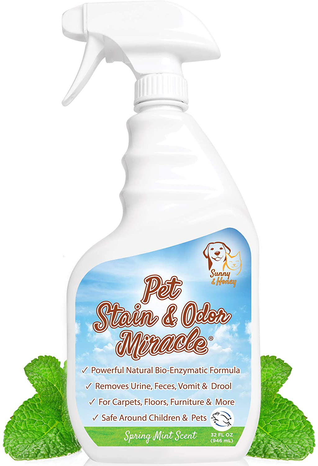 Pet Stain & Odor Miracle - Enzyme Cleaner for Dog Urine Cat Pee Feces Vomit, Enzymatic Solution Cleans Carpet Rug Car Upholstery Couch Mattress Furniture, Natural Eliminator (S/M 32FL OZ) Animals & Pet Supplies > Pet Supplies > Cat Supplies > Cat Furniture Sunny & Honey   