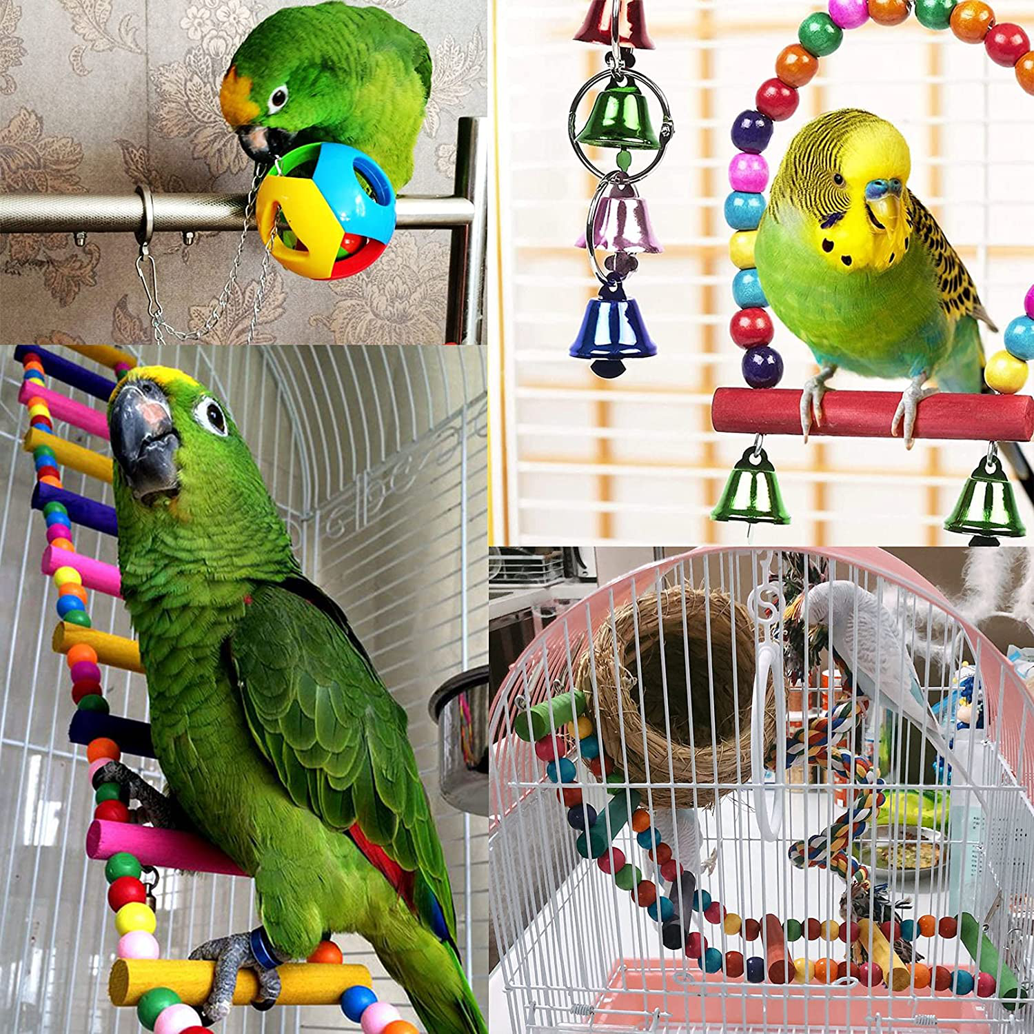 Hamiledyi Bird Parrot Swing Chewing Toy Set 15PCS Wooden Hanging Bell with Hammock Climbing Ladders Colorful Pet Birds Cage Toys for Small Parakeet Cockatiel Conures Finches Budgie Macaws Love Birds Animals & Pet Supplies > Pet Supplies > Bird Supplies > Bird Cage Accessories Hamiledyi   
