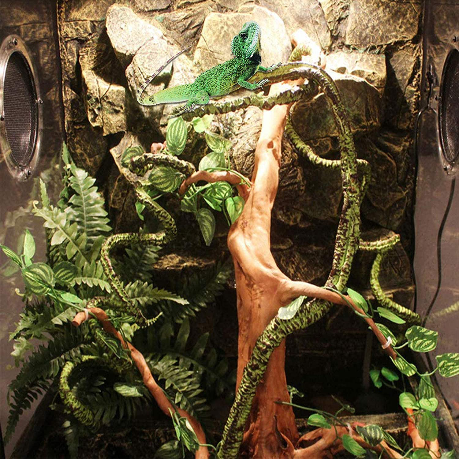 PINVNBY Bearded Dragon Habitat Decoration,Reptile Bendable Climber Vines Accessories,Lizard Natural Coconut Fiber Carpet Mat Coconut Shell Hut Chameleon Terrarium Supplies for Gecko,Tortoises(4 Pcs)