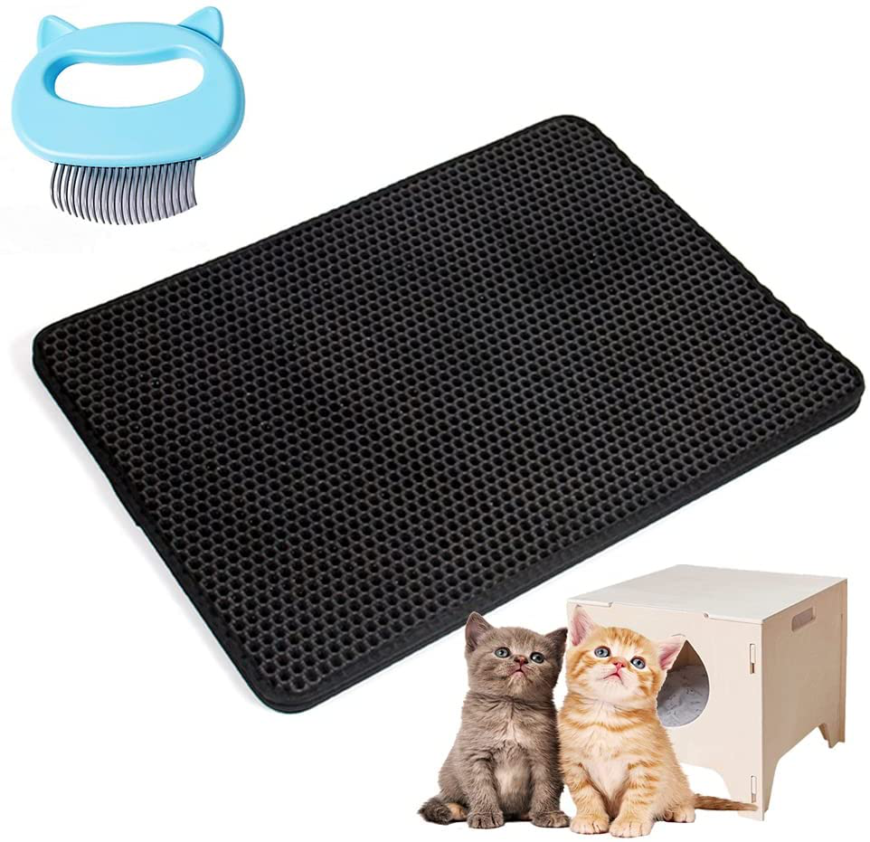 Cat Litter Mat, Litter Box Mat Premium Durable Cat Litter Mat Non-Slip and Waterproof Backing Double Layered Rug Soft on Kitty Cat Paws Easy Clean Scatter Control Durable Cat Mat Traps Litter (11.8Inx11.8In, Black)