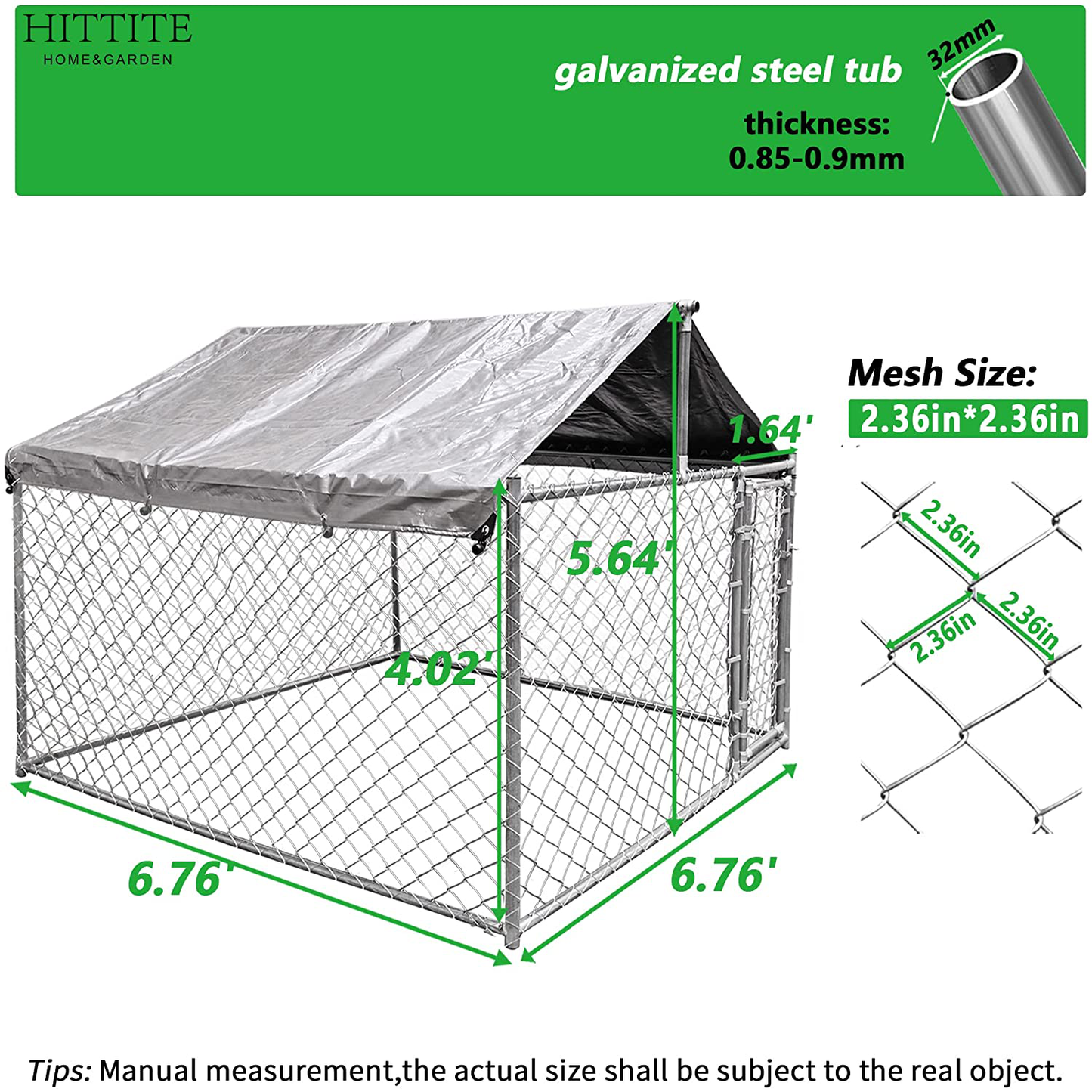 HITTITE Outdoor Chain Link Dog Kennel for Small to Medium Dogs 6.76'L X 6.76'W X 5.64'H, Anti-Rust Heavy Duty Dog Pen with Lockable Dog Gate and Uv-Resistant Waterproof Cover for Backyard.