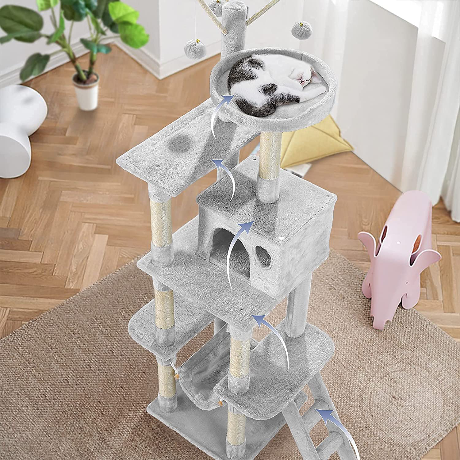 JOYO Cat Tree for Indoor Cats, 65.5 Inches Multi-Level Cat Tower Cat Tree with Hammock, Scratching Posts, Top Perch, Ladder, Cat Activity Tree Cat Condo with Toys, Cat Climbing Tower for Kitten Play Animals & Pet Supplies > Pet Supplies > Cat Supplies > Cat Furniture JOYO   