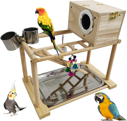 Kathson Parrots Playground Bird Playstand Birdcage Play Stand Wood Perch Gym Playpen with Parakeet Nest Box Ladder Feeder Cups Chewing Toys Exercise Activity Center for Conure Cockatiel Lovebirds