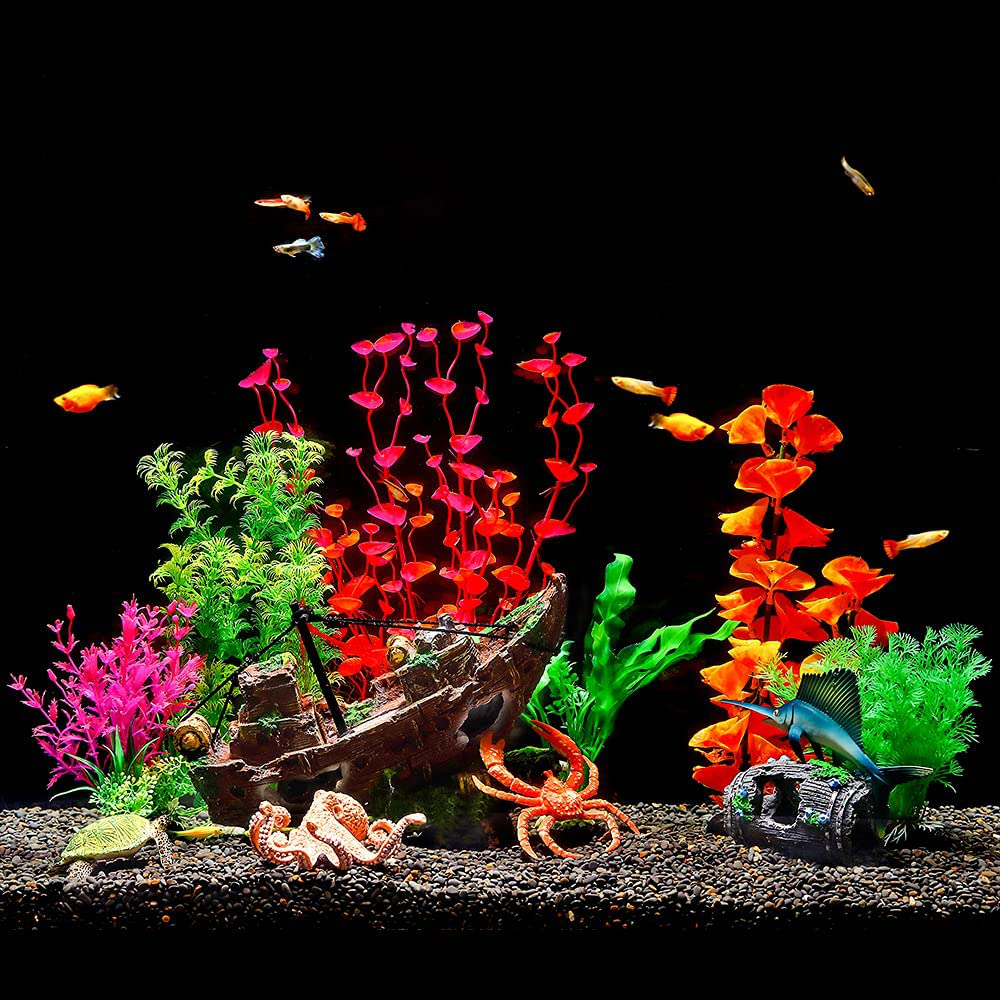 Greenjoy Aquarium Theme Decorations Fish Tank Thematic Accessories - Thematic Ornaments Décor with Plastic Plants and Fish House Animals & Pet Supplies > Pet Supplies > Fish Supplies > Aquarium Decor GreenJoy Sea World Theme  