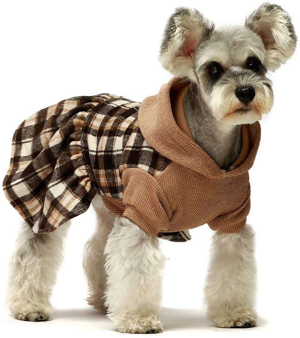 Fitwarm Knitted Plaid Dog Dress Hoodie Sweatshirts Pet Clothes Sweater Coats Cat Outfits