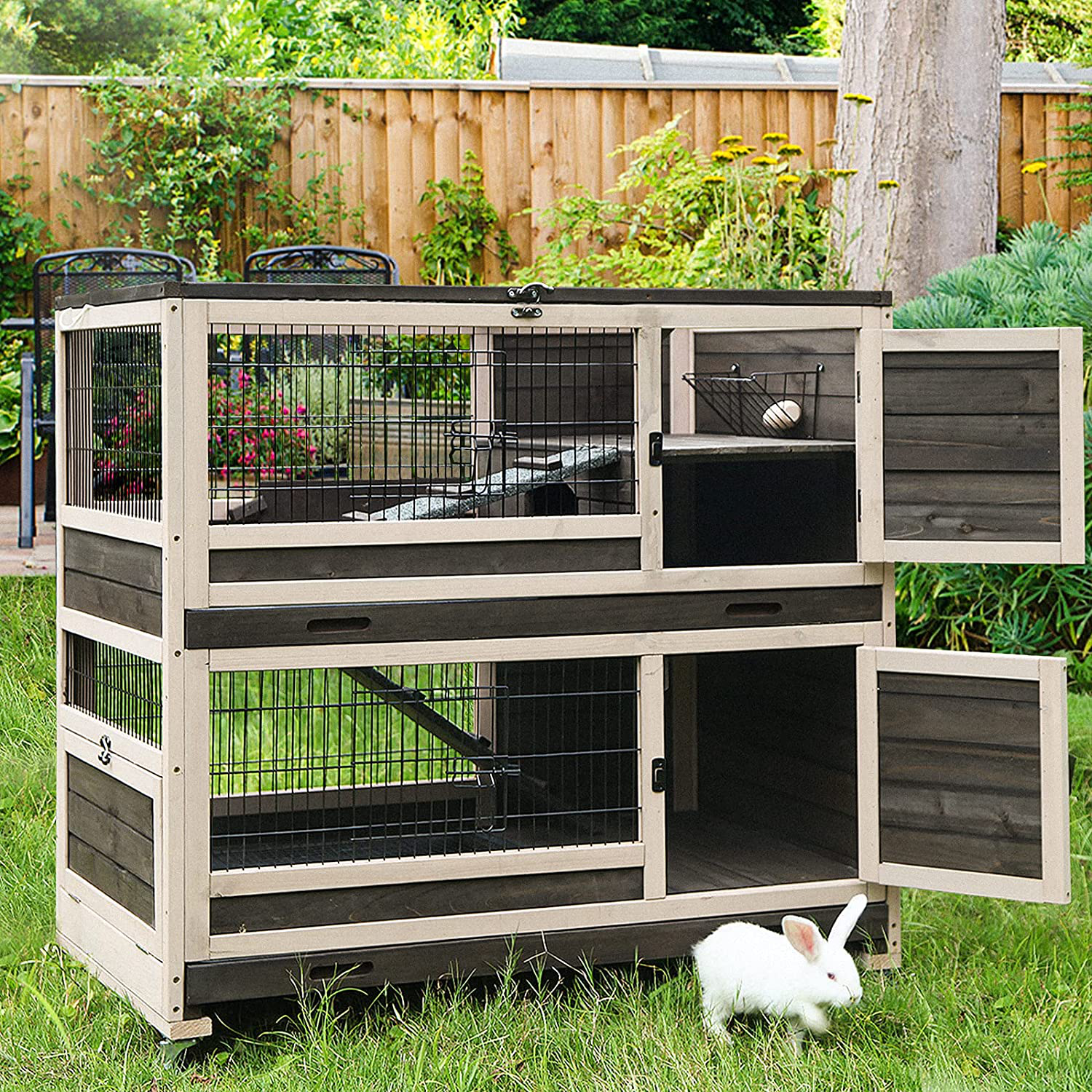 Rabbit Hutch Indoor Pet House for Small Animals, Outdoor Bunny Cage Wooden Bunny Hutch -Two Deeper Trays & Four Casters Included