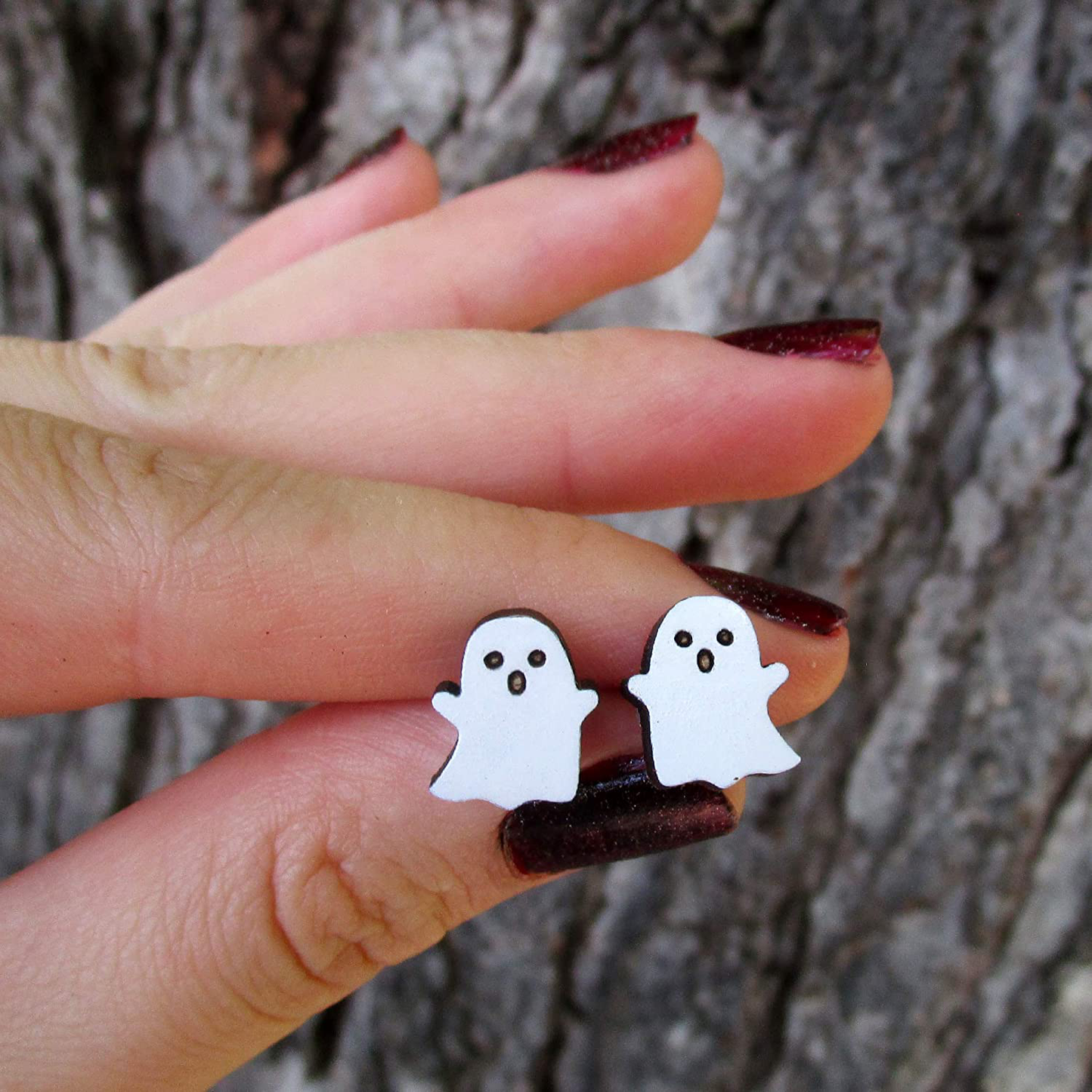 Cute Little Kawaii Wooden White Ghost Stud Earrings, Adorable Funny Halloween Jewelry Stainless Steel Posts