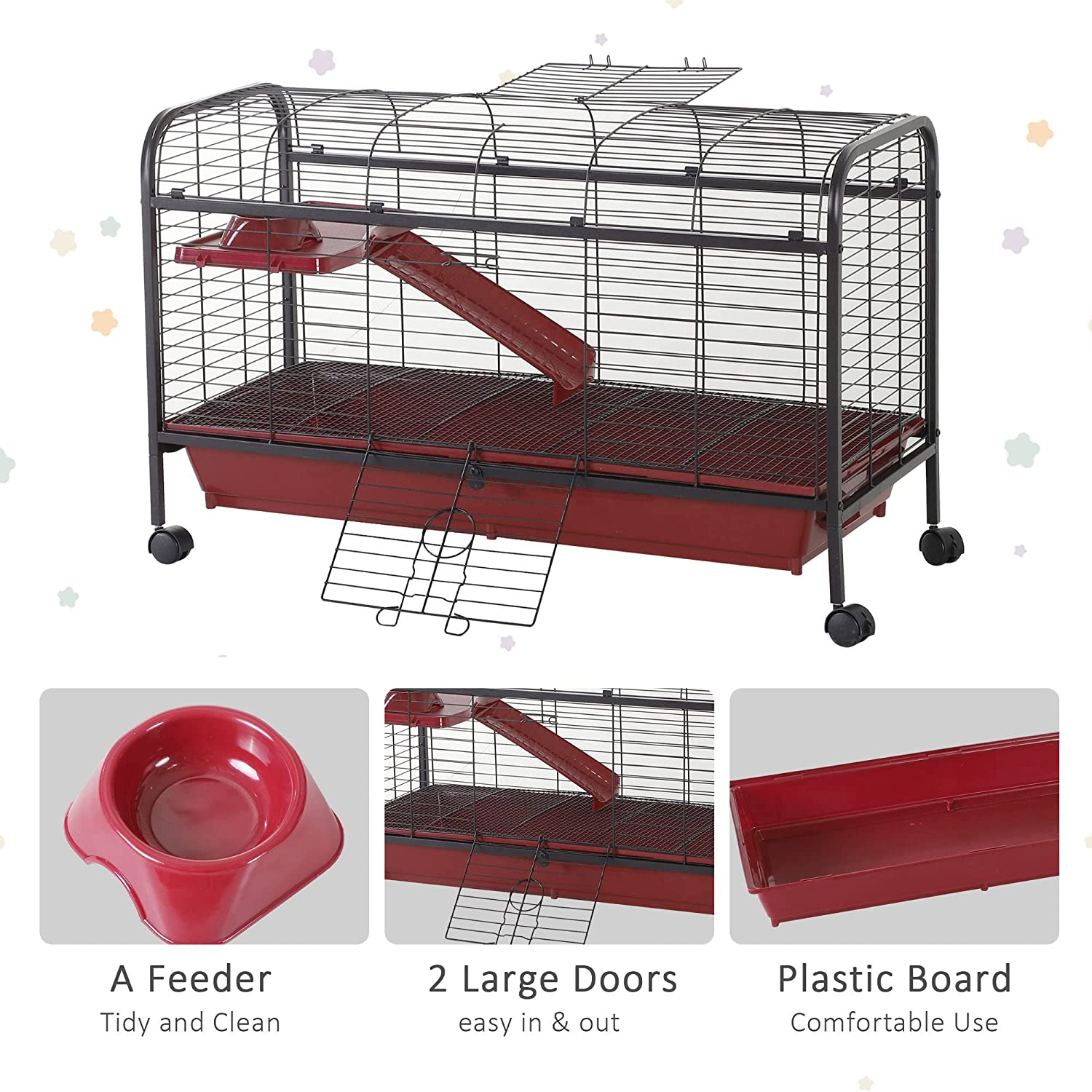 Pawhut 41" L Small Animal Cage Rabbit Guinea Pig Hutch Pet Play House with Feeder,Rolling Wheels, Platform, Ramp Animals & Pet Supplies > Pet Supplies > Small Animal Supplies > Small Animal Habitats & Cages PawHut   