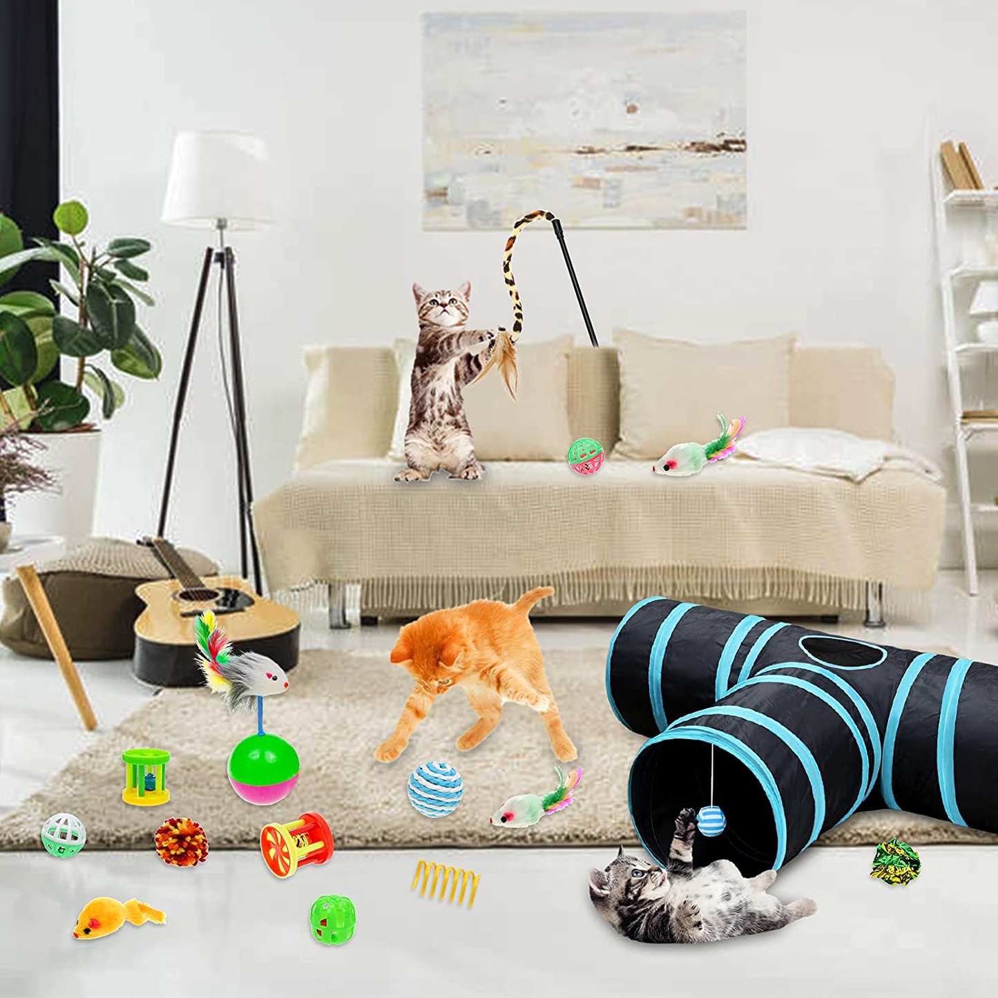 Malier 20 PCS Cat Kitten Toys Set, Collapsible Cat Tunnels for Indoor Cats, Interactive Cat Feather Toy Fluffy Mouse Crinkle Balls Cat 3 Way Tube Tunnel Toys for Cat Puppy Kitty Kitten