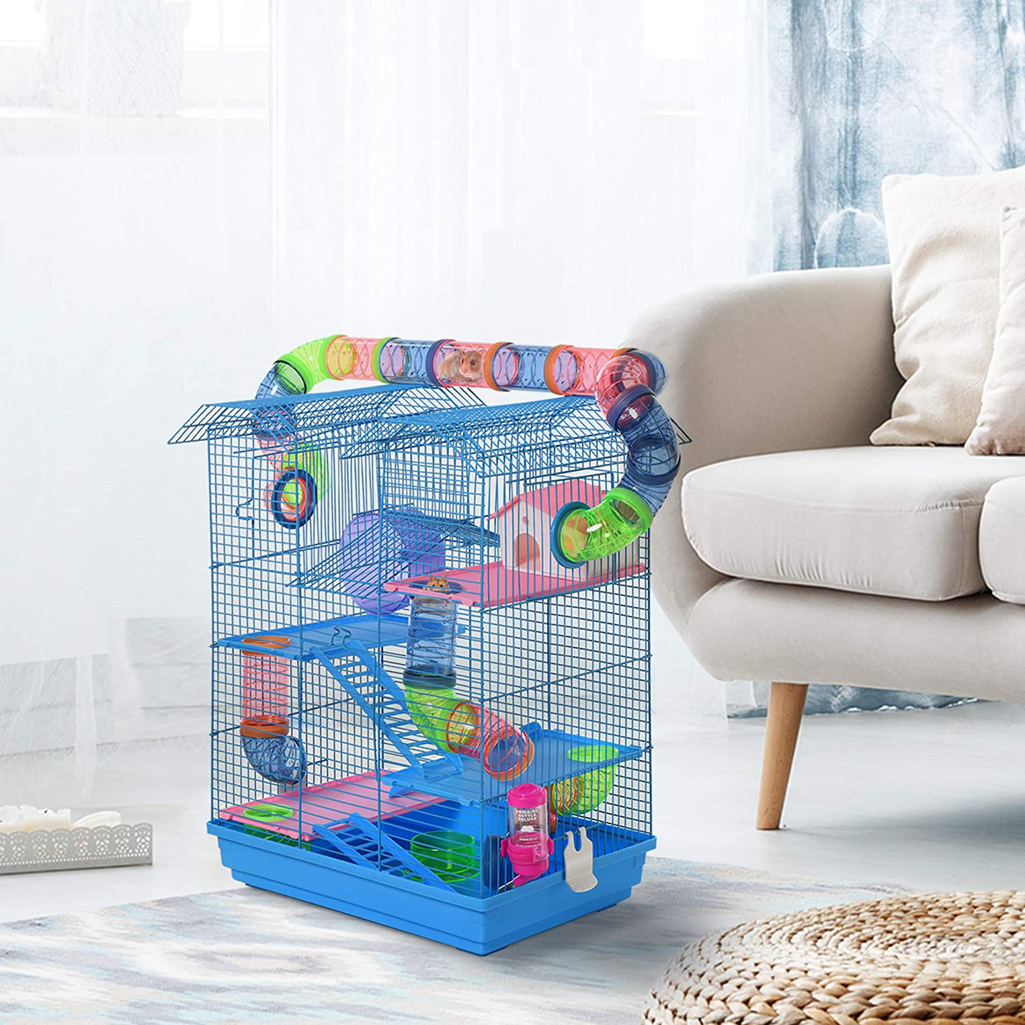 Pawhut 5 Tiers Hamster Cage Small Animal Rat House with Exercise Wheels, Tube Water Bottles, and Ladder, Blue Animals & Pet Supplies > Pet Supplies > Small Animal Supplies > Small Animal Habitat Accessories Aosom LLC   