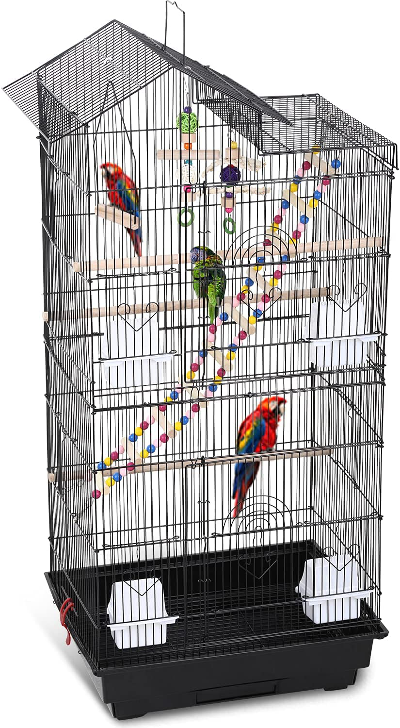 HCY 39 Inches Bird Cage Roof Top Large Flight Parrot Bird Cage with Toys for Small Medium Birds, Cockatiel,Parakeets,Parrot,Lovebirds,Finch,Canary Pet Bird Cage Animals & Pet Supplies > Pet Supplies > Bird Supplies > Bird Cage Accessories HCY Black  