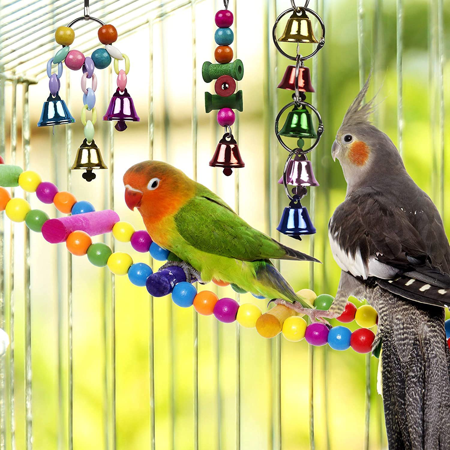 Bird Parrot Toy, 10Pcs Bird Swing Toys Bird Chewing Toys, Colourful Pet Bird Toys with Wooden Hanging Stand Ladder Cage Hanging Bell for Birds, Parrots Animals & Pet Supplies > Pet Supplies > Bird Supplies > Bird Toys AQH   