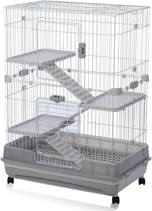 Runmade 4-Tier 32" Small Animal Metal Cage Height Adjustable Cage with Lockable Casters Grilles Pull-Out Tray for Rabbit Chinchilla Ferret Bunny Guinea Pig Squirrel Hedgehog Animals & Pet Supplies > Pet Supplies > Small Animal Supplies > Small Animal Habitats & Cages runmade silver  