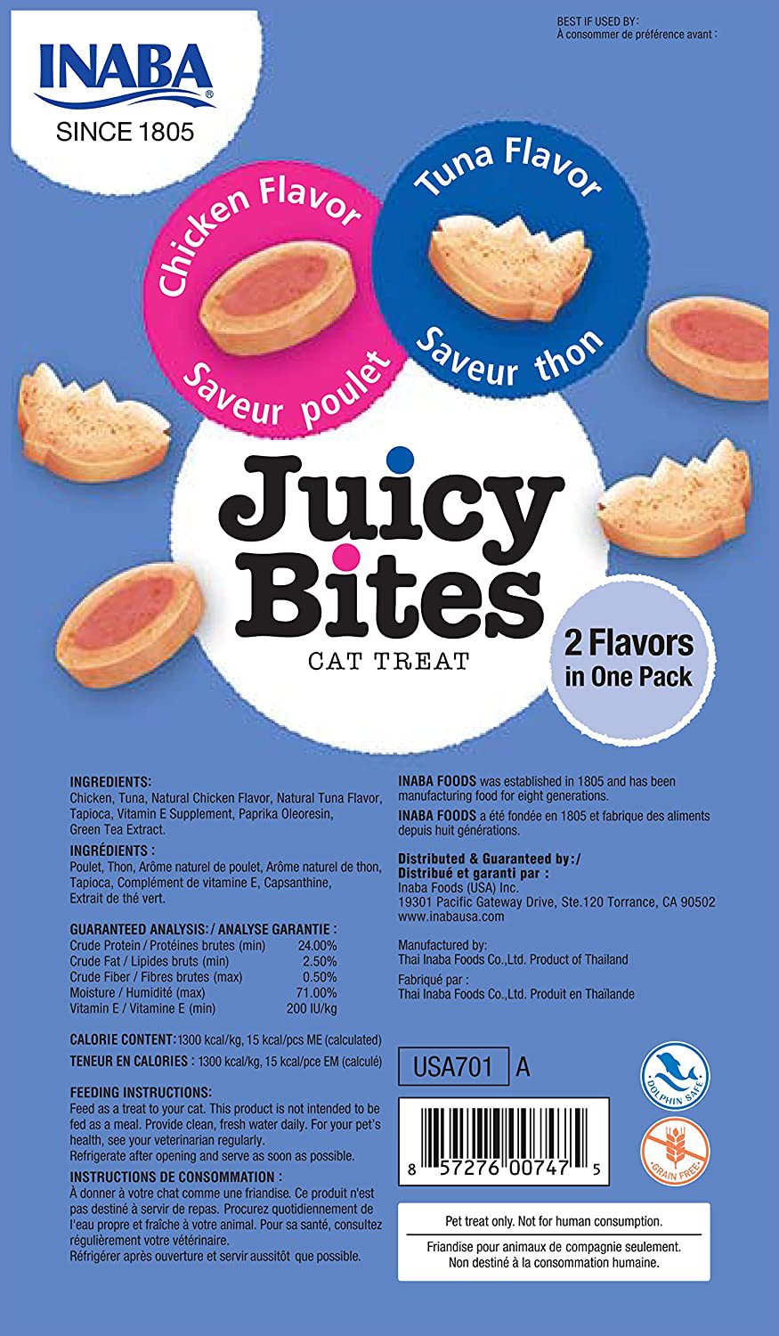 INABA Juicy Bites Grain-Free, Soft, Moist, Chewy Cat Treats with Vitamin E and Green Tea Extract, 0.4 Ounces per Pouch, 18 Pouches (3 per Bag), Tuna and Chicken Animals & Pet Supplies > Pet Supplies > Cat Supplies > Cat Treats INABA   