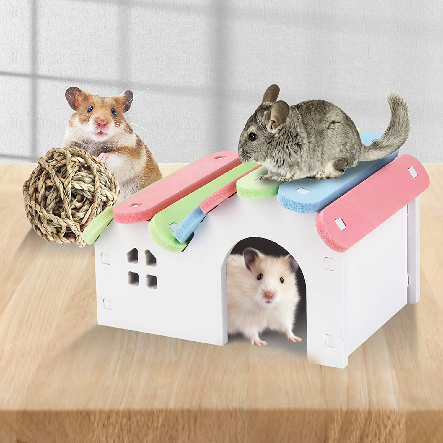 Lenpestia 6 Pieces Pet Sports Toys Set, Dwarf Hamsters House, Gerbil Hideout Rainbow Bridge, Seagrass Ball, Swing and Seesaw Syrian Hamster DIY Cage Accessories for Small Animal Habitat Animals & Pet Supplies > Pet Supplies > Small Animal Supplies > Small Animal Habitat Accessories lenpestia   