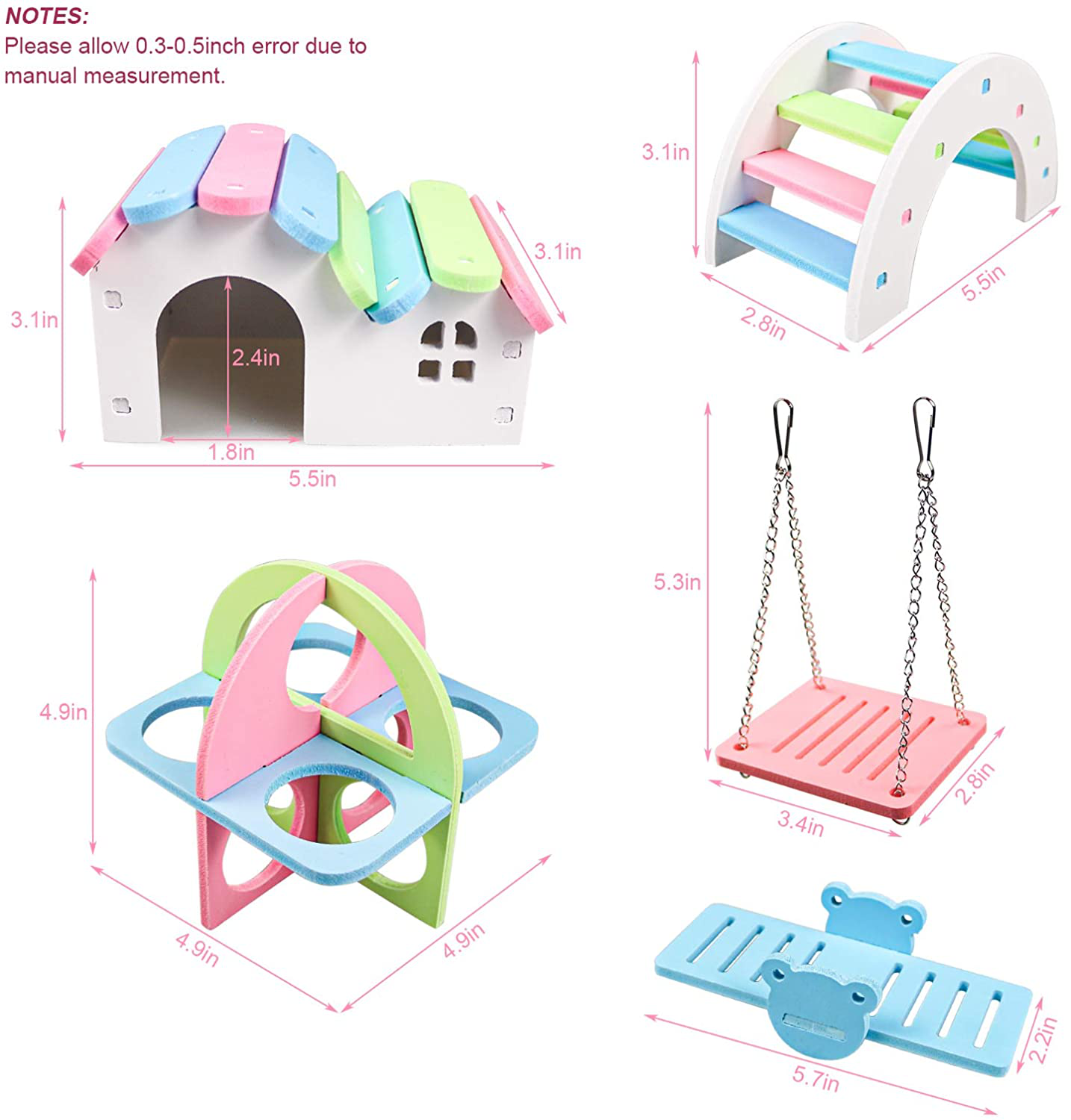 Roundler Dwarf Hamsters House DIY Wooden Gerbil Hideout Rainbow Bridge Swing and PVC Seesaw, Pet Sport Exercise Toys Set, Sugar Glider Syrian Hamster Cage Accessories, Suitable for Small Animal Animals & Pet Supplies > Pet Supplies > Small Animal Supplies > Small Animal Habitat Accessories Roundler   