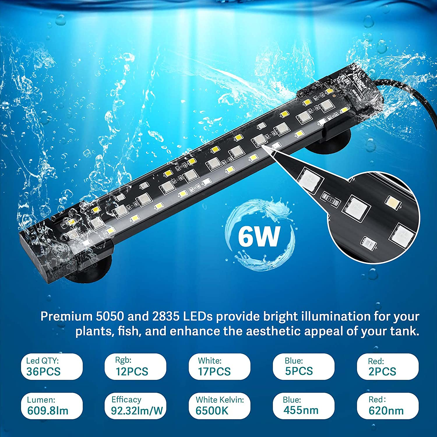 Hygger 24/7-Modus Unterwasser-Aquarium-LED-Licht, PET KOL Vollspek verstecktes –