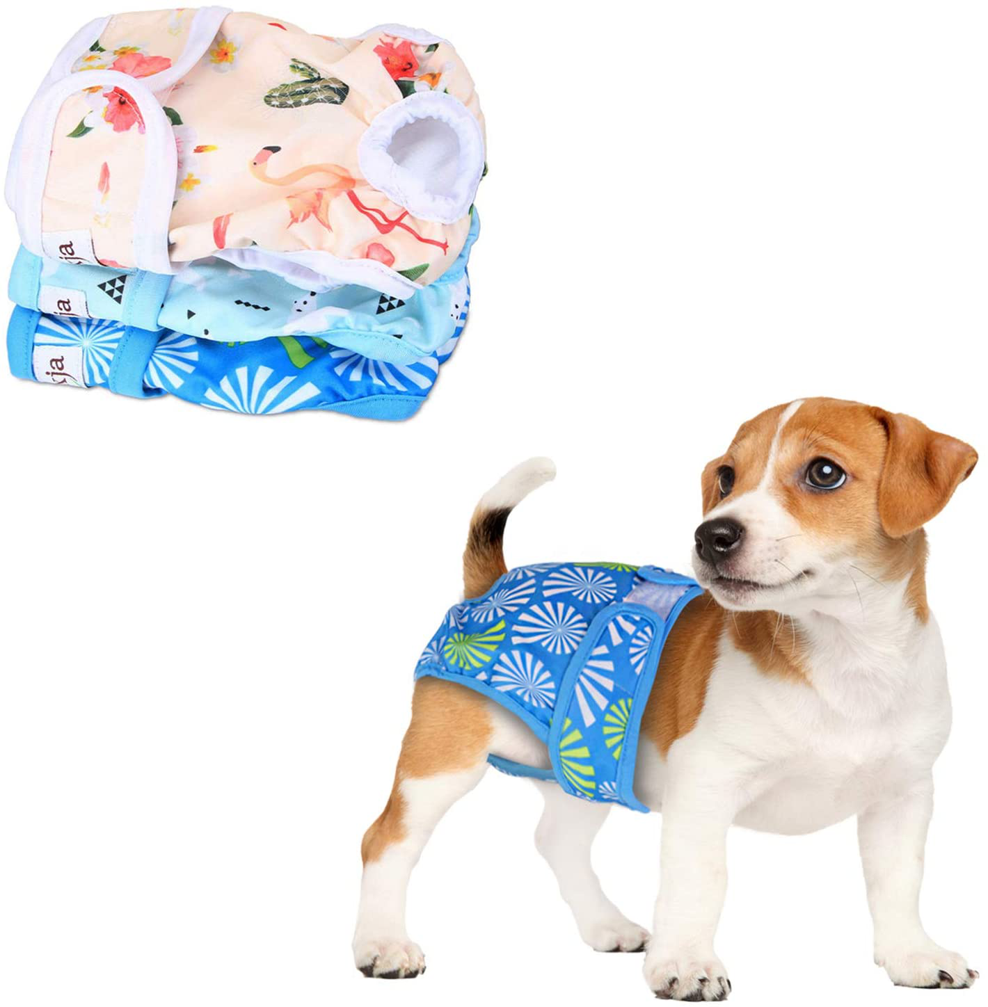 LUXJA Reusable Female Dog Diapers (Pack of 3), Washable Wraps for Female Dog (Flamingos+Polar Bears+Flowers)