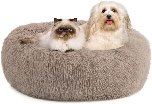 Kimicole Cozy Donut Calming Dog Bed Cat Bed, Super Soft Fluffy Washable anti Anxiety Plush Home Pet Beds for Small Medium Dogs Cats, Fuzzy Self-Warm Non-Slip round Puppy Kitten Bed Animals & Pet Supplies > Pet Supplies > Dog Supplies > Dog Beds Kimicole Beige Large 30" x 30" 