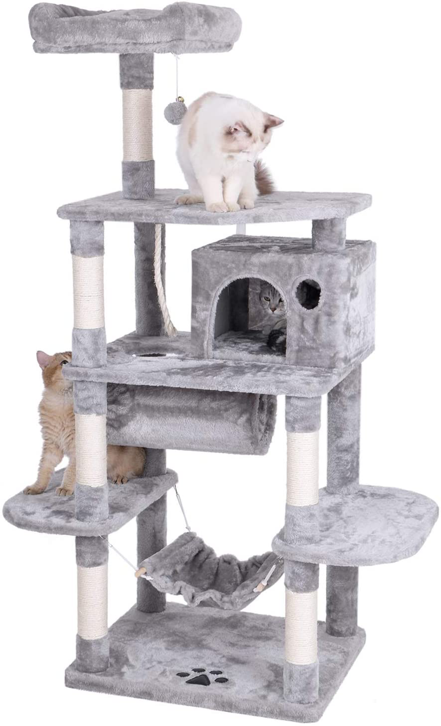 BEWISHOME Cat Tree Condo Furniture Kitten Activity Tower Pet Kitty Play House with Scratching Posts Perch Hammock Tunnel MMJ02 Animals & Pet Supplies > Pet Supplies > Cat Supplies > Cat Furniture BEWISHOME Light Grey  