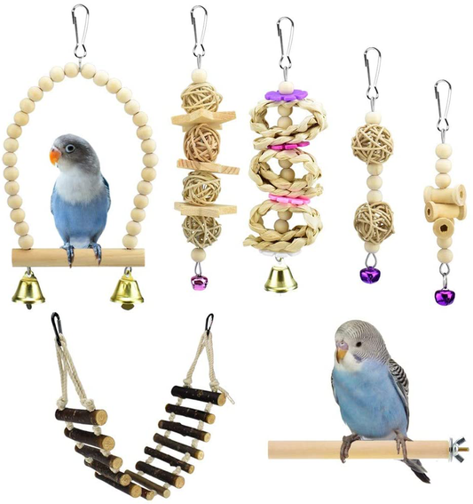 KATUMO Natural Wood Bird Swing Toys Durable Climbing Rope Ladder Chewing Toys with Bells Bird Perch Toys for Small Birds like Budgerigar, Parakeet, Conure, Cockatiel, Mynah, Lovebird, Finch