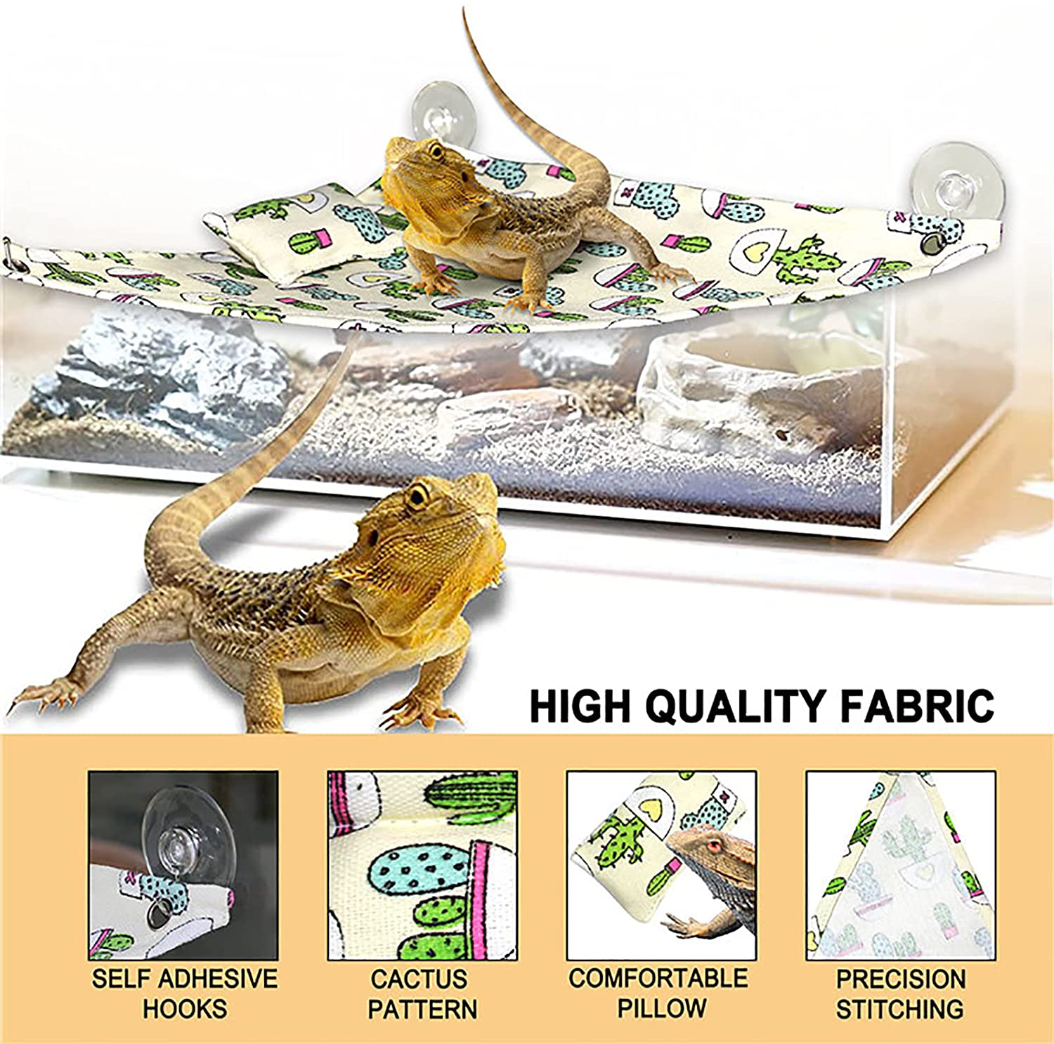 Reptile Lizard Hammock, Bearded Dragon Lounger Ladder Swing Hanging Pet Bed with Adhesive Suction Cup Pillow Triangular Amphibian Terrarium Habitat Decor Accessories for Chameleon Snake Gecko Anole