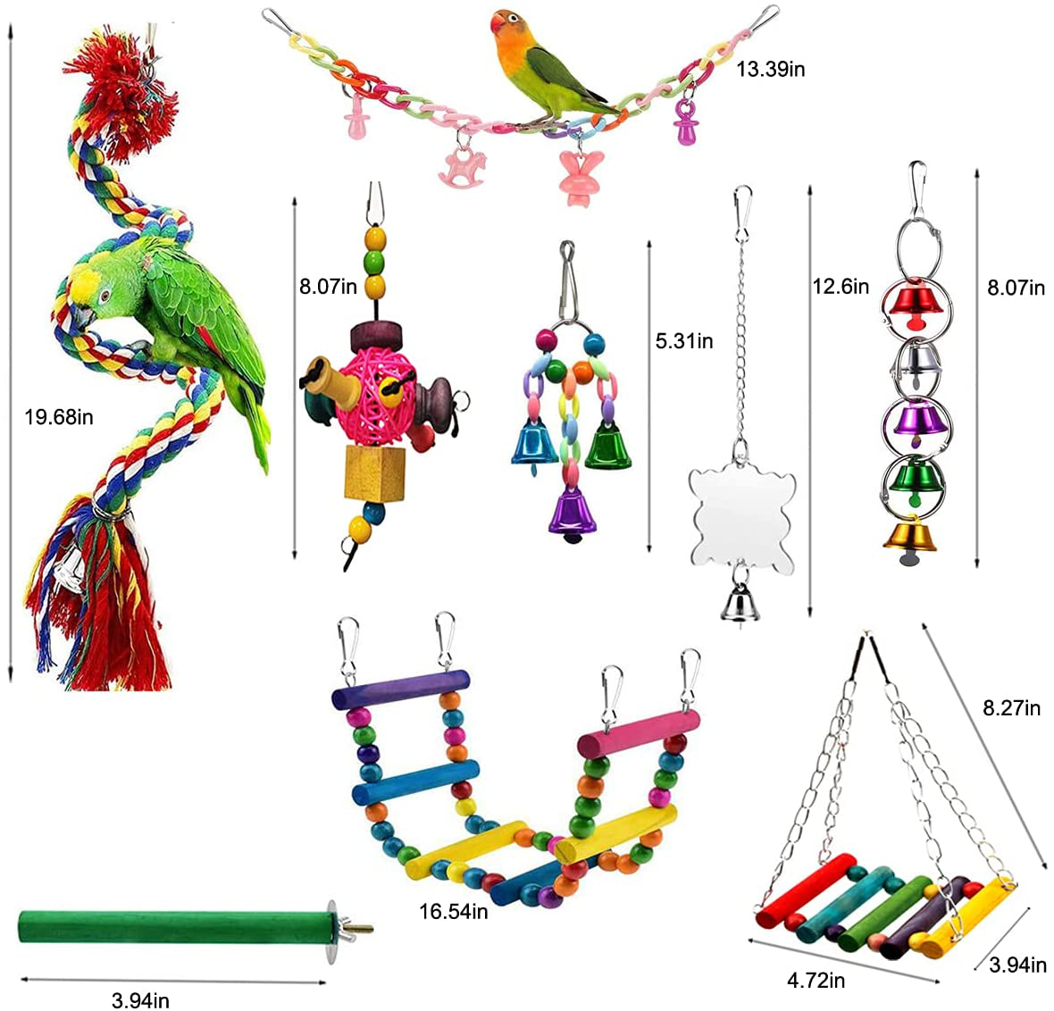 Bird Parrot Swing Chewing Toys,9 Pack Bird Cage Toys- Hanging Swing Ropes Hammock Swing Toy Parrot Ladders Swing Hanging Bell Bird Stand Perch Bird Mirror for Small Bird Animals & Pet Supplies > Pet Supplies > Bird Supplies > Bird Ladders & Perches Meiyiu   