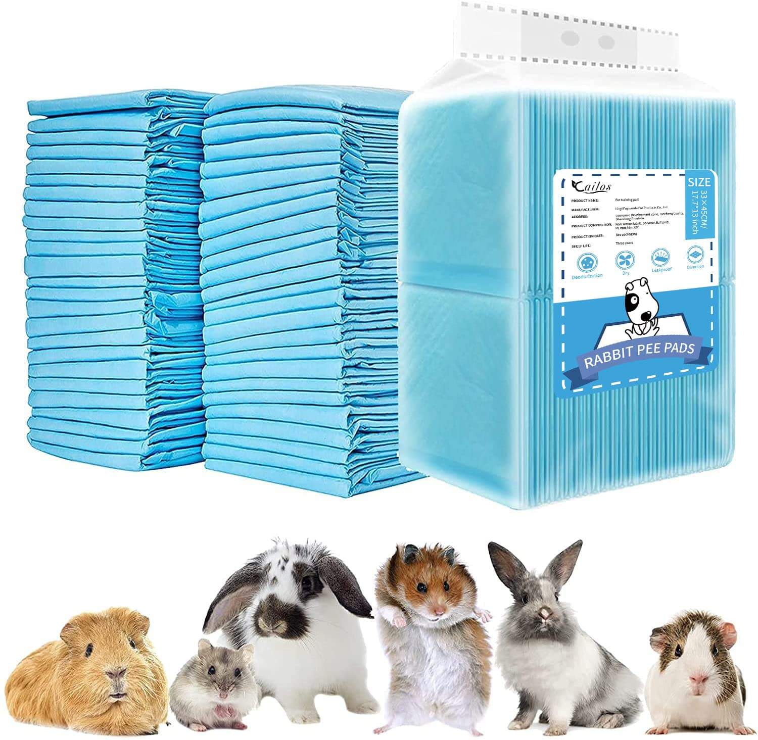 CAILOS Rabbit Pee Pads, Disposable Super Absorbent Diaper, Pet Toilet/Potty Training Pads for Guinea Pigs, Hedgehog, Hamsters, Chinchillas, Cats, and Other Small Animals