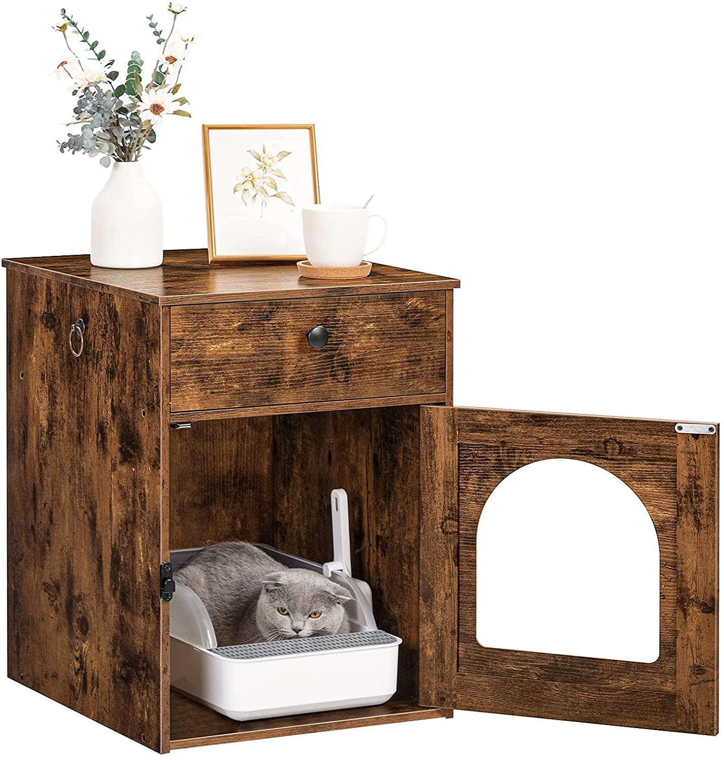 HOOBRO Cat Litter Box Enclosure, Hidden Litter Box Furniture with Drawer, Enclosed Cat Washroom with Door, Decorative Cat House Storage Cabinet, End Table, Indoor Pet Box, Rustic Brown BF04MW01 Animals & Pet Supplies > Pet Supplies > Cat Supplies > Cat Furniture HOOBRO   