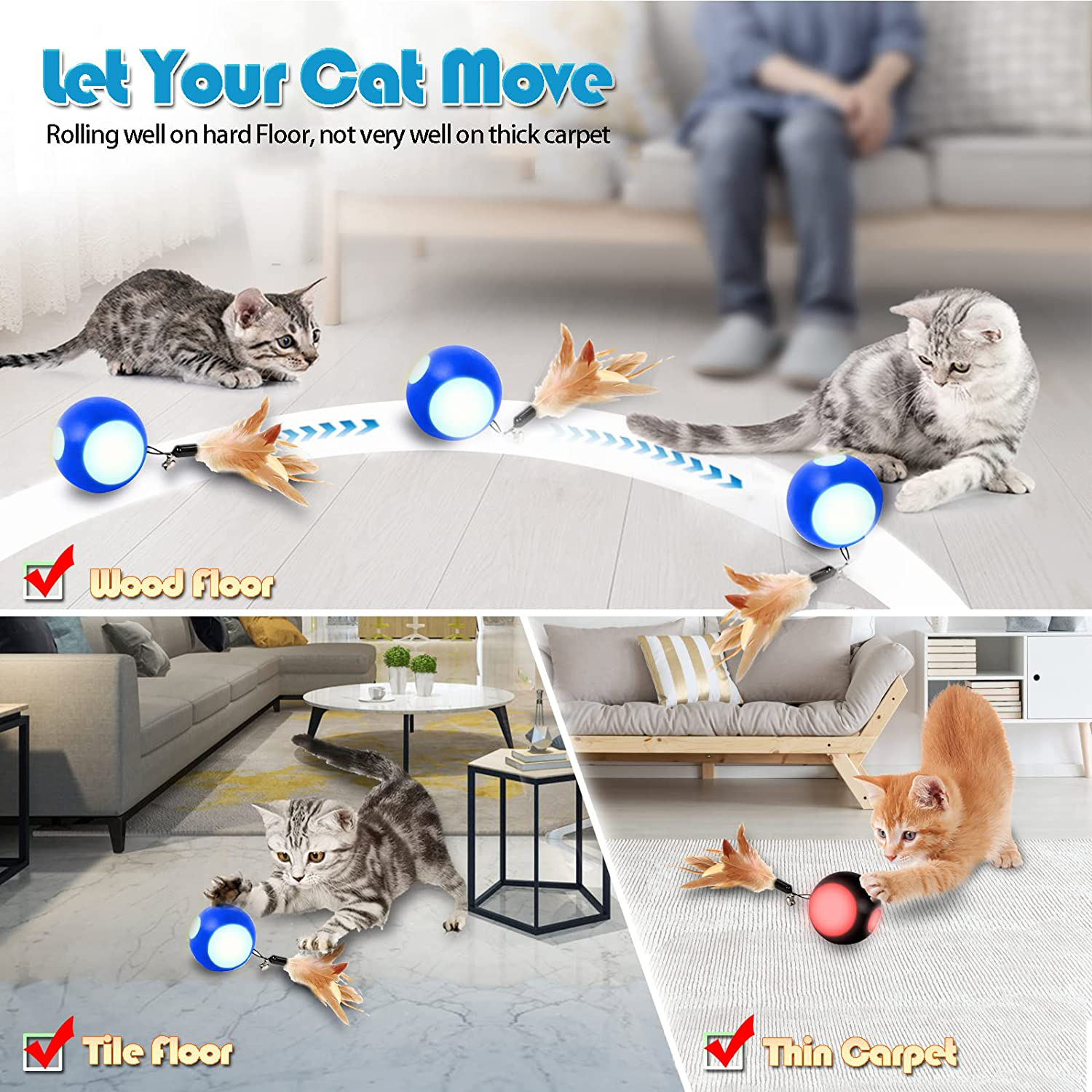 Blinkbrione Cat Toys Busy Ball, Automatic Moving Exercise Ball for Indoor Cats/Kitten, Rechargable Interactive Feather Cat Toy with Bell & LED Light for Your Pet Birthday Gift Animals & Pet Supplies > Pet Supplies > Cat Supplies > Cat Toys Brione   