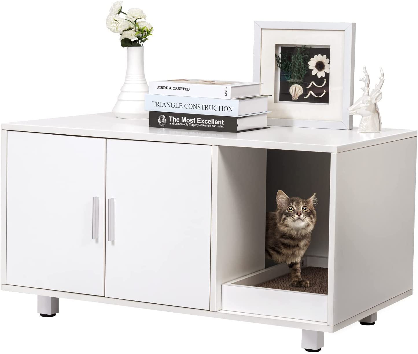 Phupaw Cat Litter Box Furniture Hidden, Large Litter Box Enclosure Cat Washroom Bench Side Table with Cat Scratch Pad and Spacious Storage for Living Room, Bedroom, Bathroom