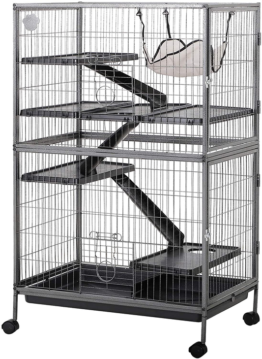 Pawhut 50" H 4 Tier Steel Plastic Small Animal Pet Cage Kit for Little Rabbit Guinea Pig Ferret with Wheels Brakes Hammock Removable Tray - Silver Grey Hammertone Animals & Pet Supplies > Pet Supplies > Small Animal Supplies > Small Animal Habitat Accessories PawHut   