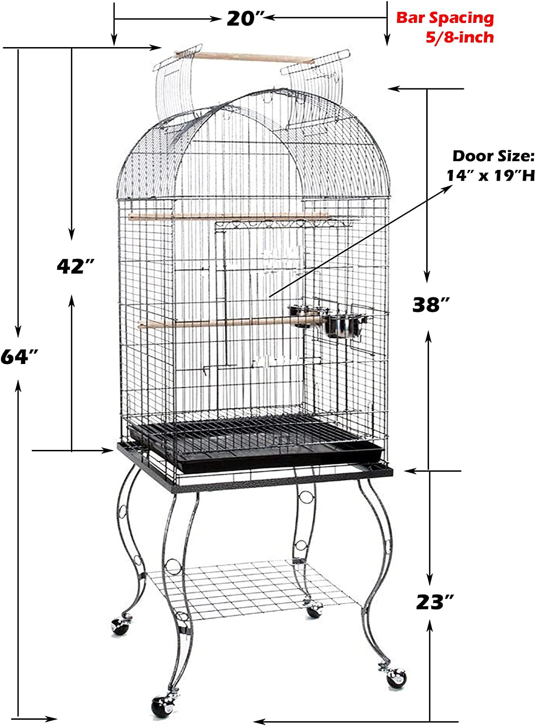 Large 64-Inch Open Dome Play-Top with 5/8-Inch Bar Spacing for Cockatiel Cockatiels Sun Conure Parakeet Rolling Cage Animals & Pet Supplies > Pet Supplies > Bird Supplies > Bird Cages & Stands Mcage   