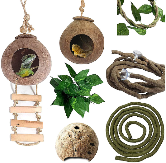 Kathson Lizard Coco Den with Ladder, Reptile Hideouts Gecko Coconut Husk Hut with Artificial Bendable Jungle Climbing Vines for Chameleon, Lizards, Gecko, Snakes to Hide Perch and Play Animals & Pet Supplies > Pet Supplies > Reptile & Amphibian Supplies > Reptile & Amphibian Habitat Accessories kathson   