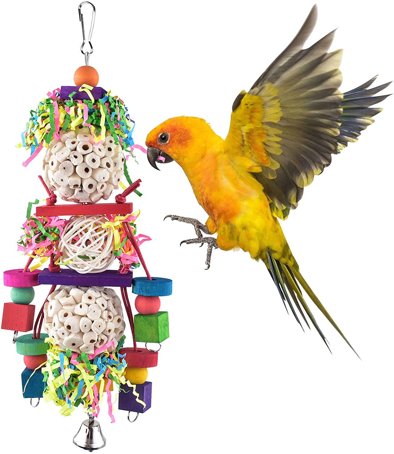 Bissap Conure Toys, Bird Parrot Foraging Shredder Hanging Toys Sola Balls Sepak Takraw with Bell for Small Parrots Parakeets Conures Cockatiels Love Birds Cage Toy